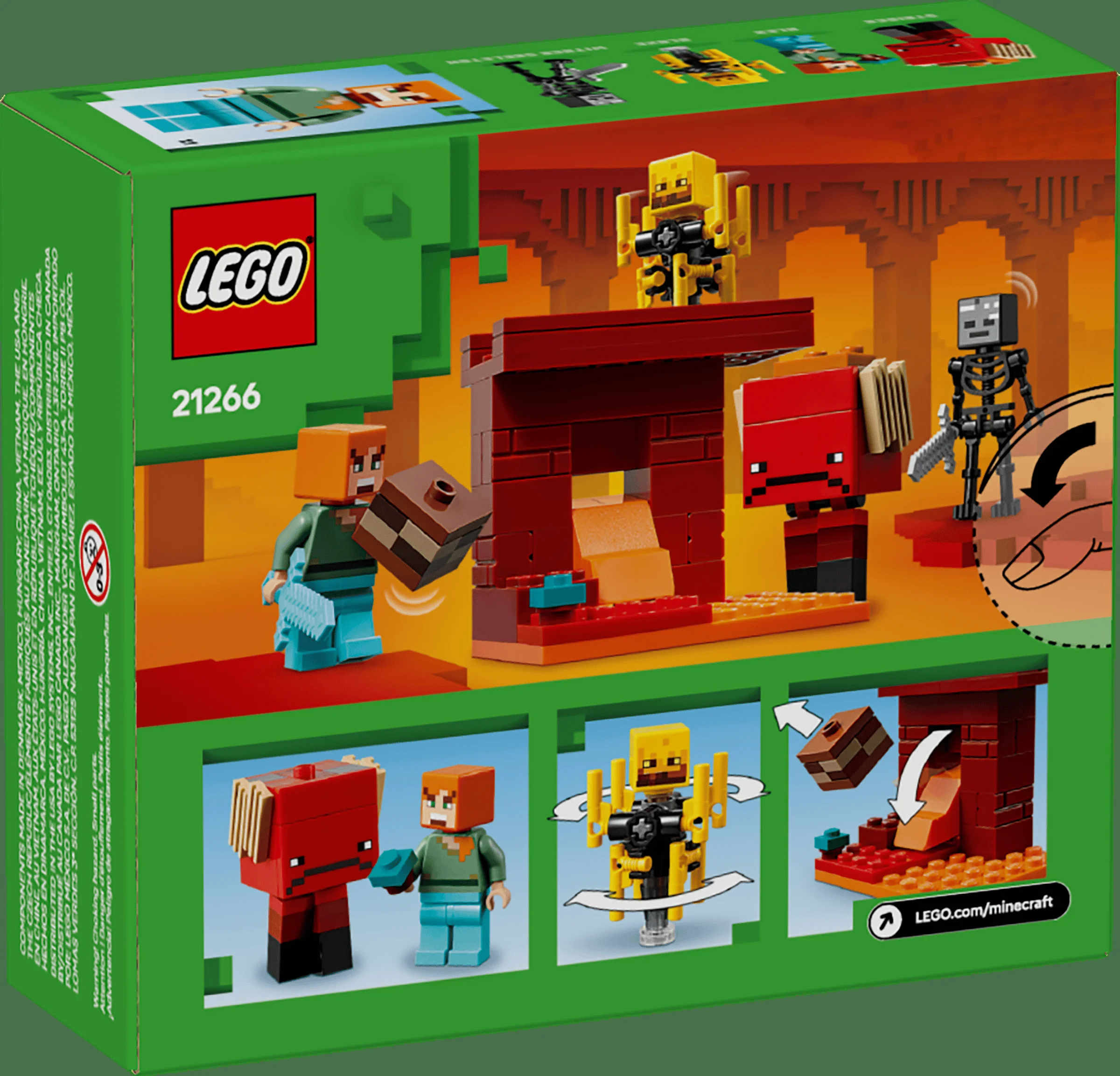 Cutia setului LEGO Minecraft 21266, cu minifigurinele Alex, Strider, Blaze și Wither Skeleton.