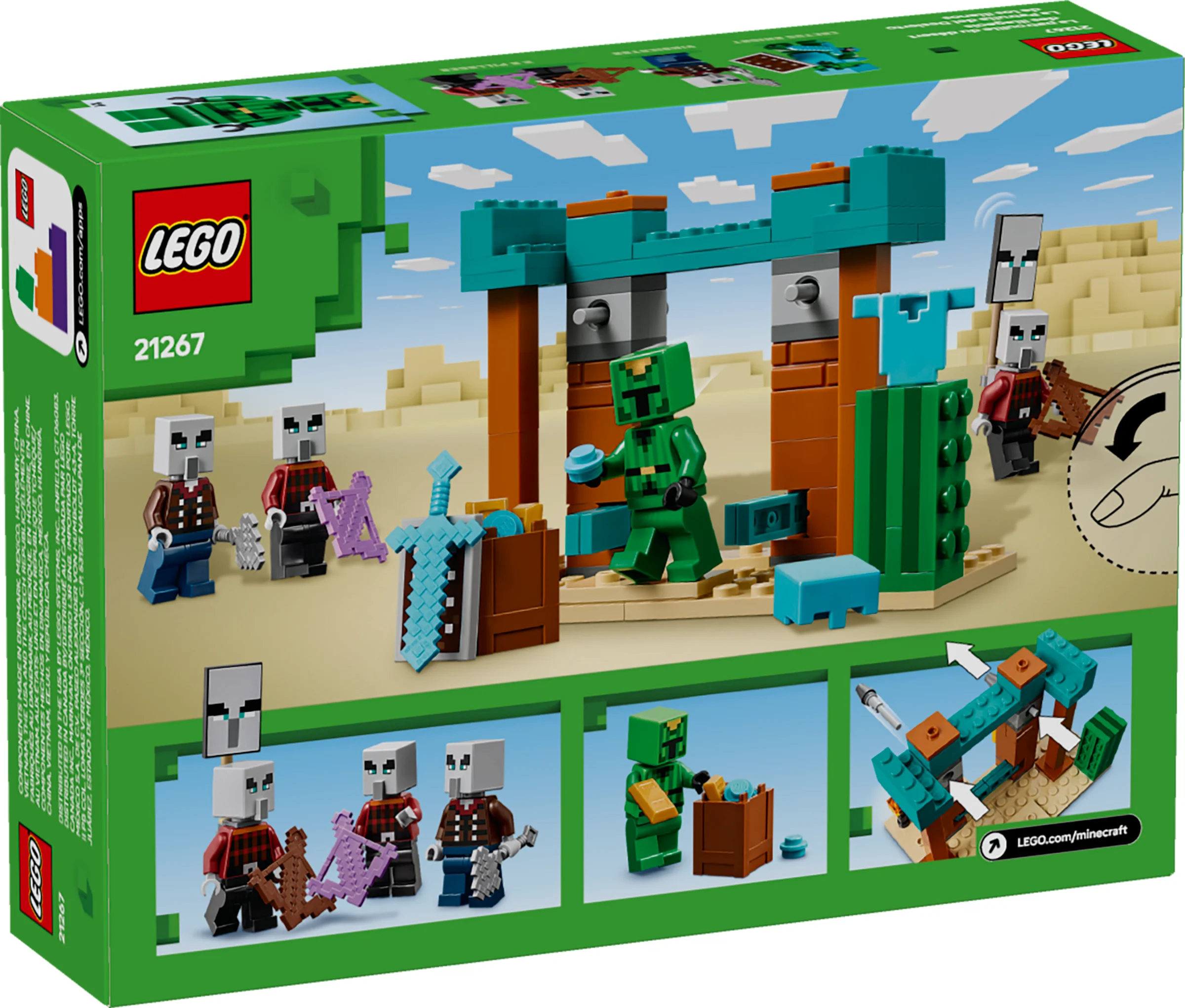 Imagine cu spatele cutiei setului LEGO 21267, patrula Illager din deșert. Ilustrează modelul finalizat și caracteristici.