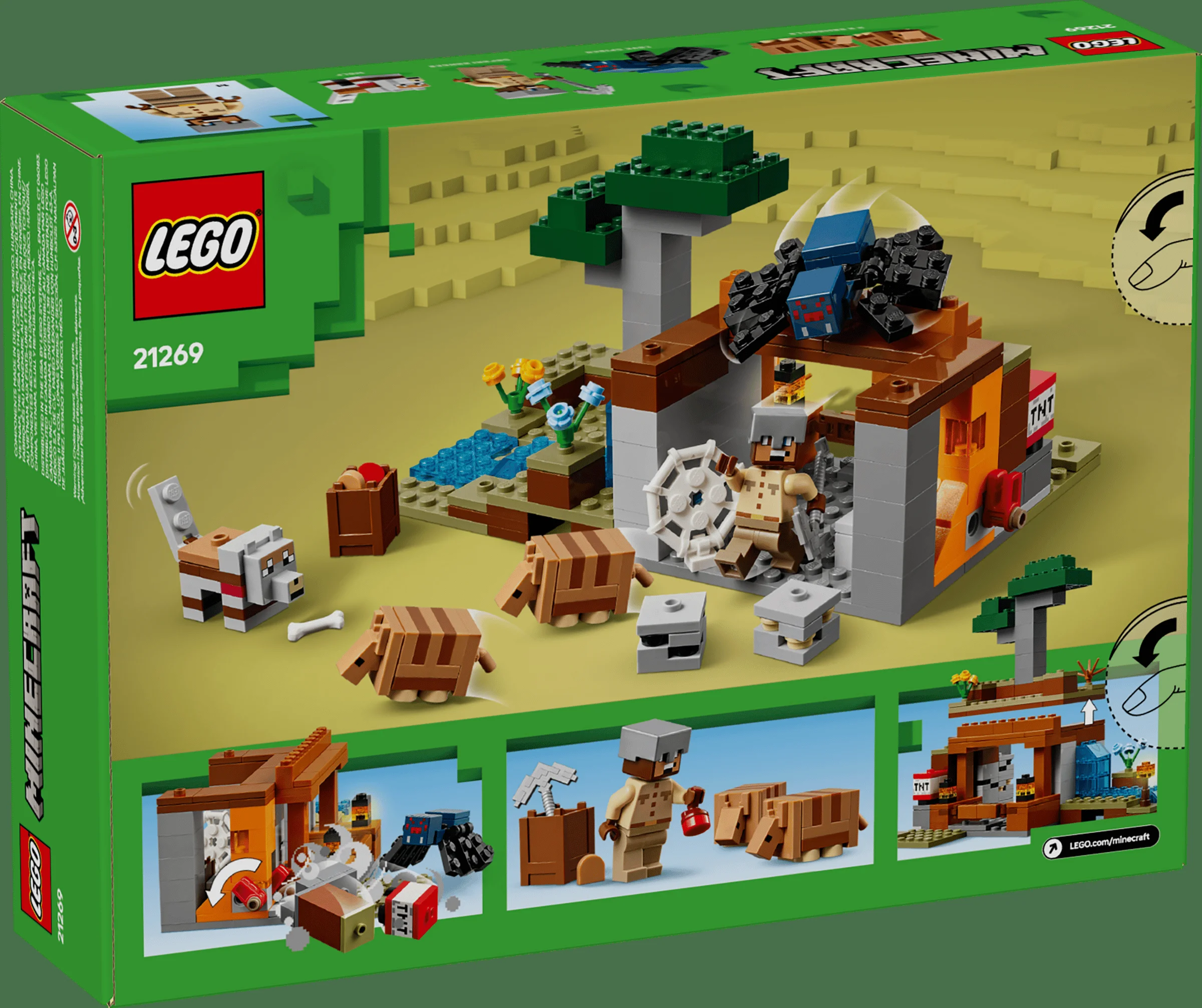 Imaginea prezintă cutia setului LEGO Minecraft 21269, arătând modelul asamblat și detaliile.