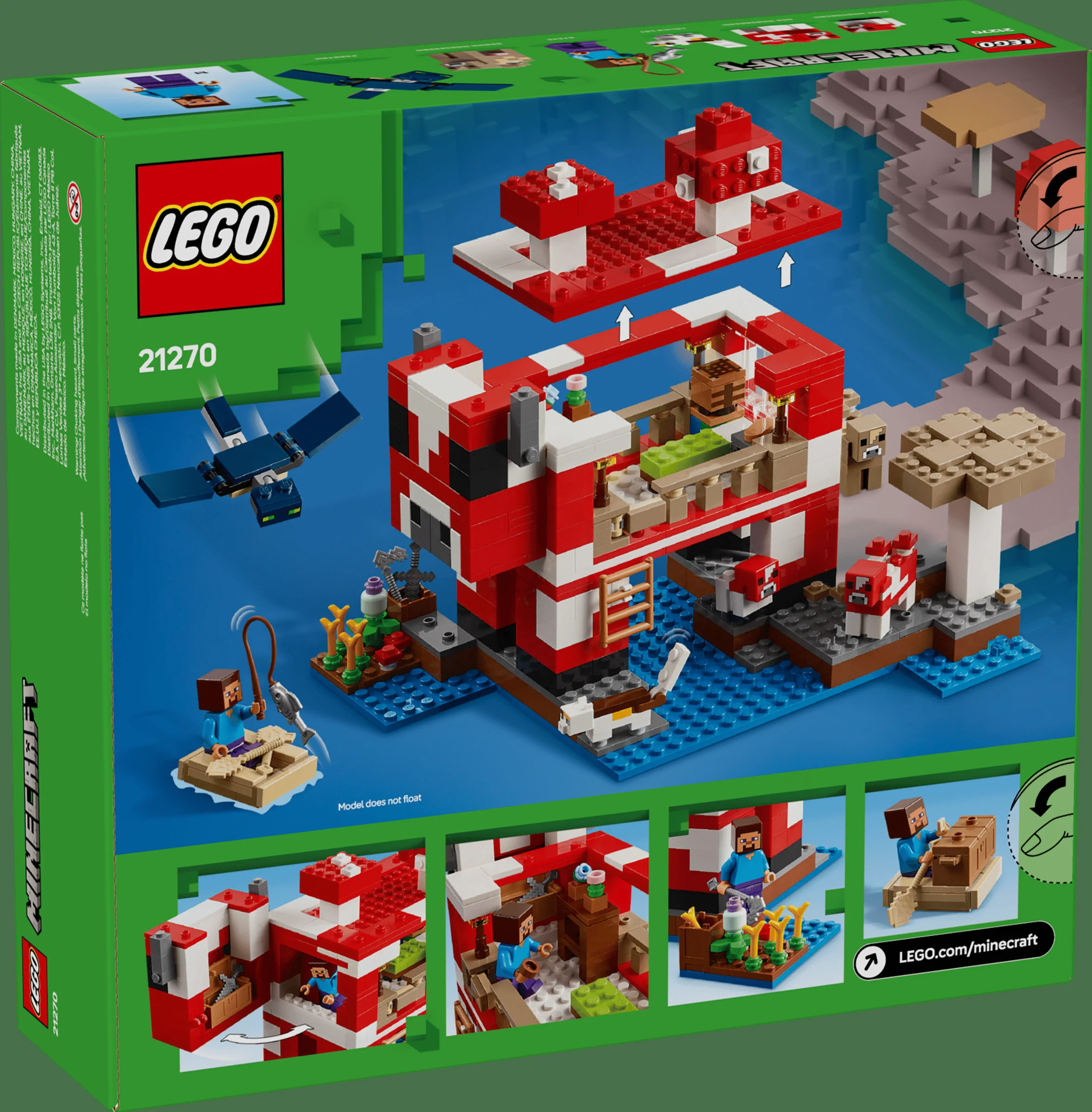 Imagine cu spatele cutiei setului LEGO Minecraft 21270, Casa Ciupercuță. Detalii, funcții și minifigurine.