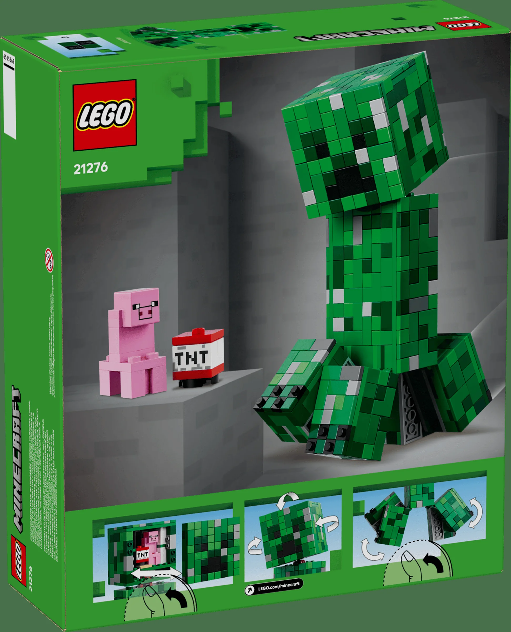 Spatele cutiei cu Creeper-ul LEGO Minecraft, TNT și un porc pixelat.