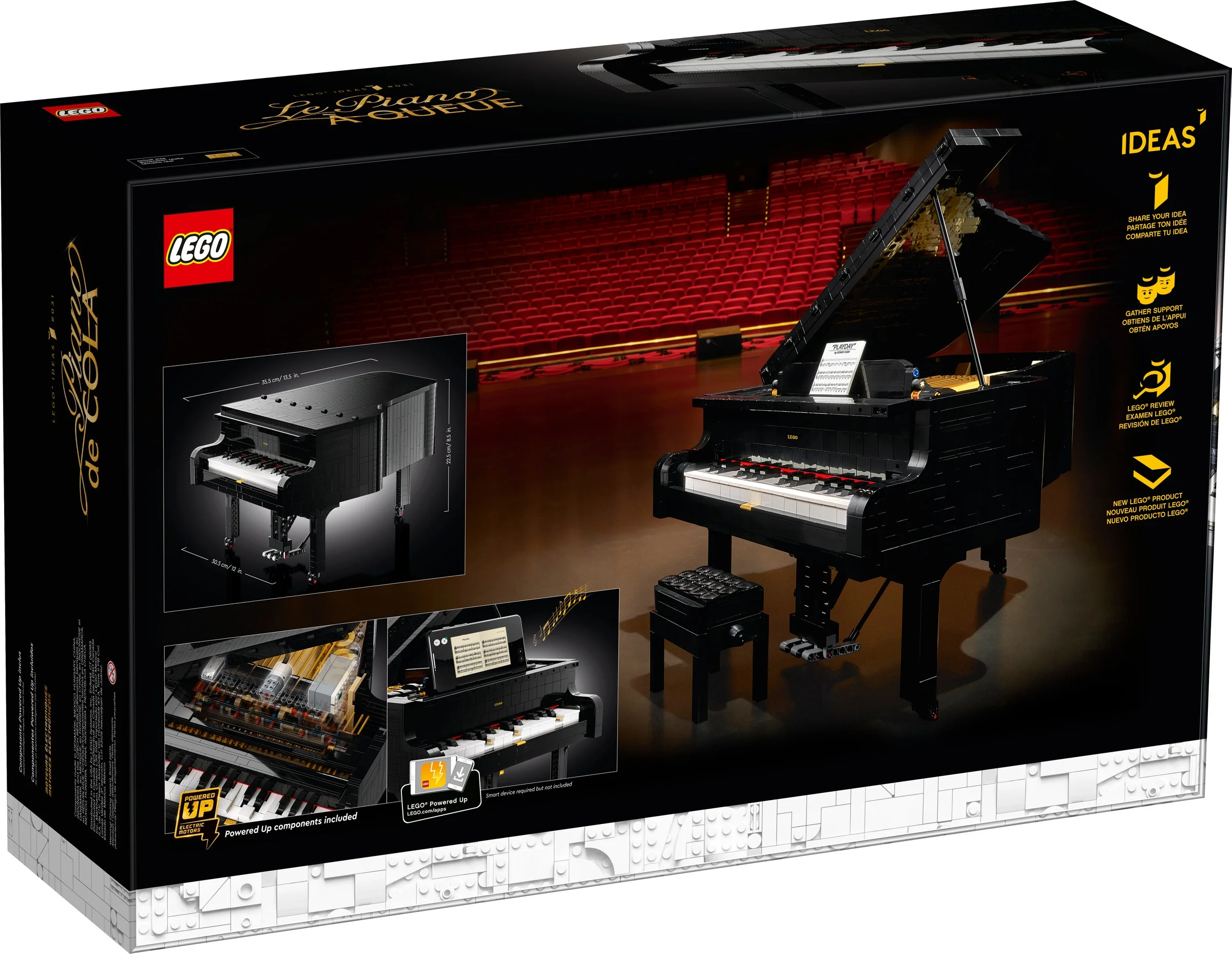 Cutia setului LEGO Ideas 21323 Grand Piano, cu imagini ale modelului și specificații.