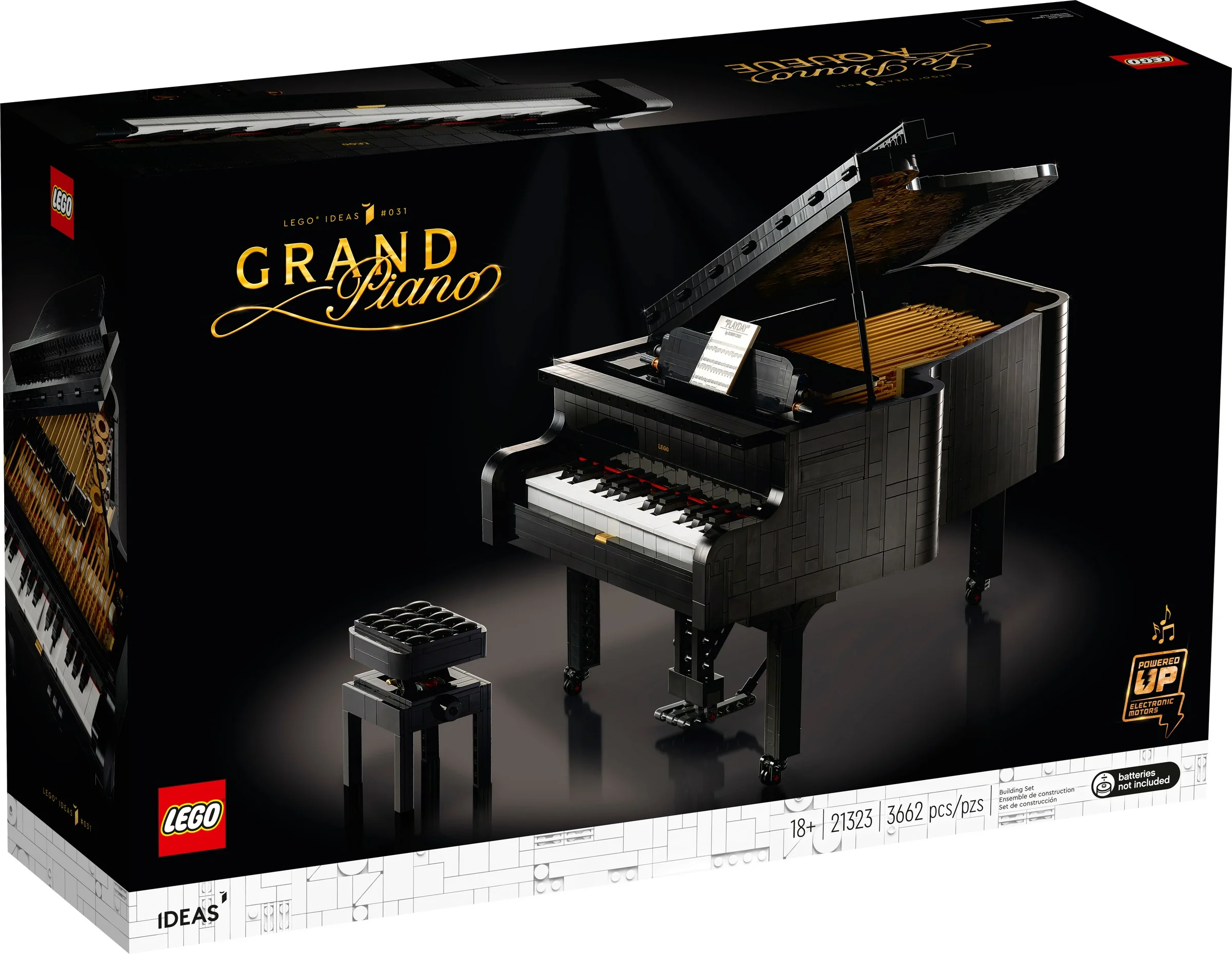 Cutie LEGO Ideas 21323 Grand Piano, ce prezintă modelul asamblat și elegant.