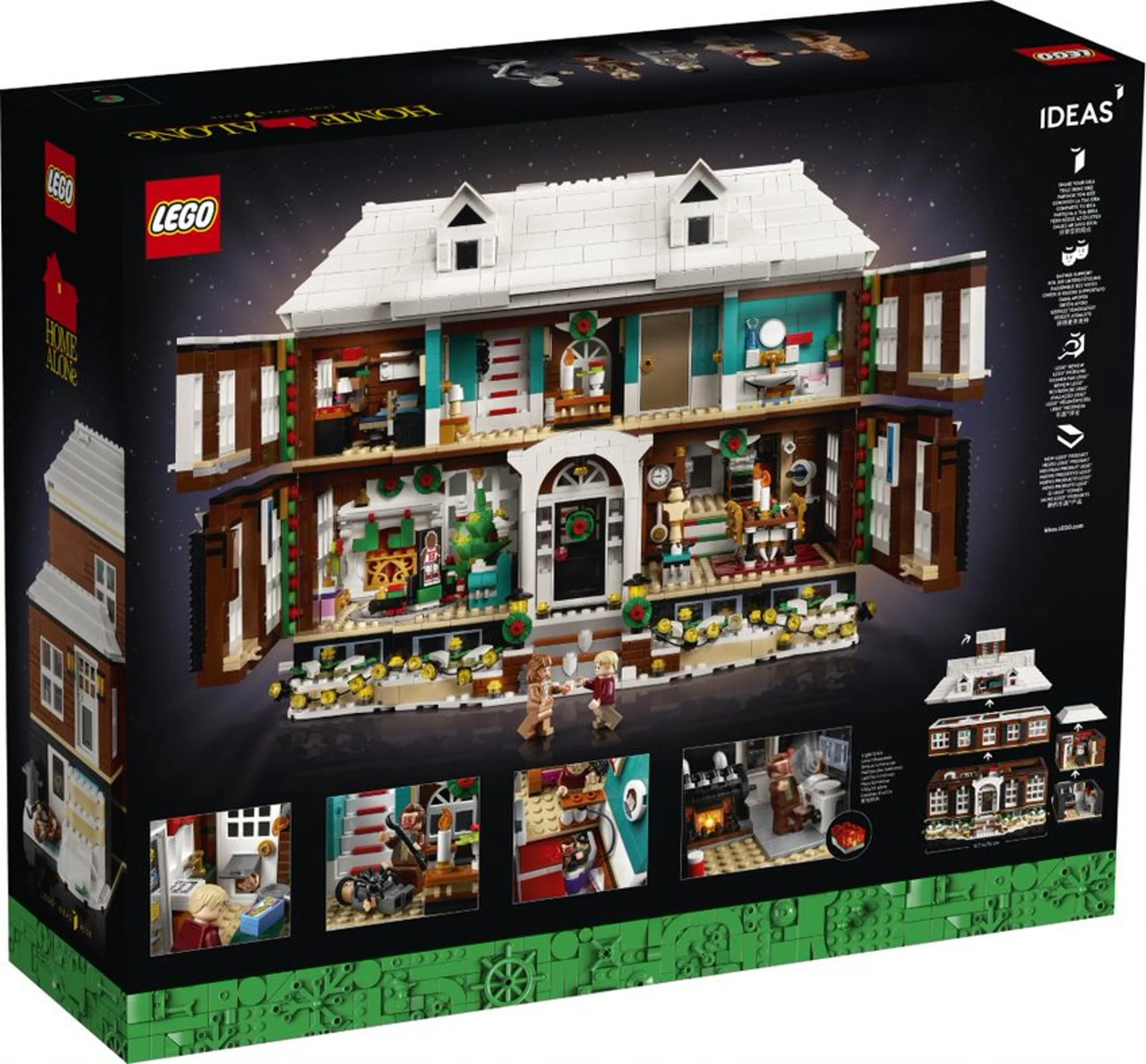 Cutia LEGO Ideas 21330 Home Alone, cu modelul casei McCallister deschisă, arătând detaliile interioare.