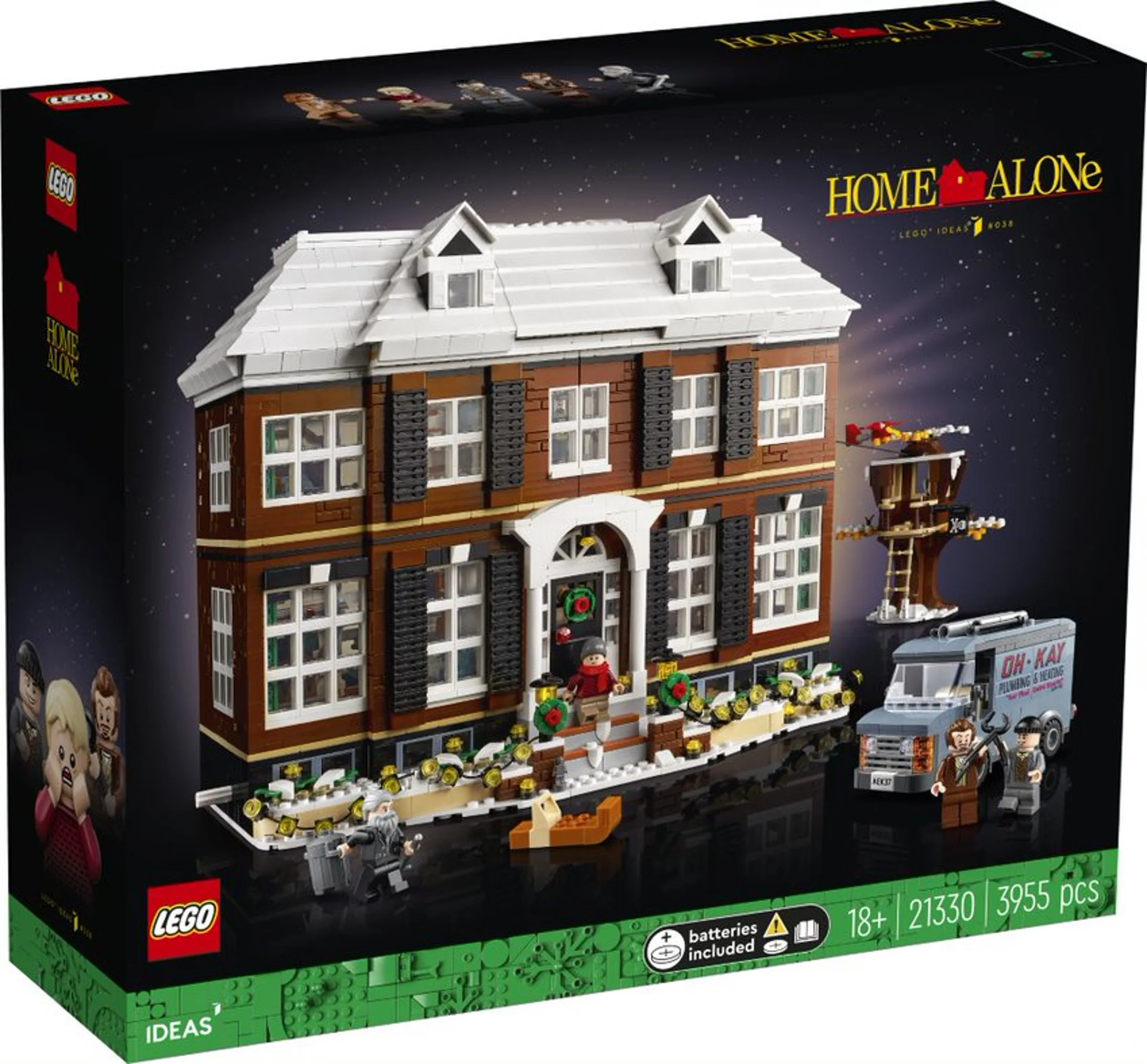 Cutia setului LEGO Ideas 21330 Home Alone, cu casa McCallister și furgoneta hoților.