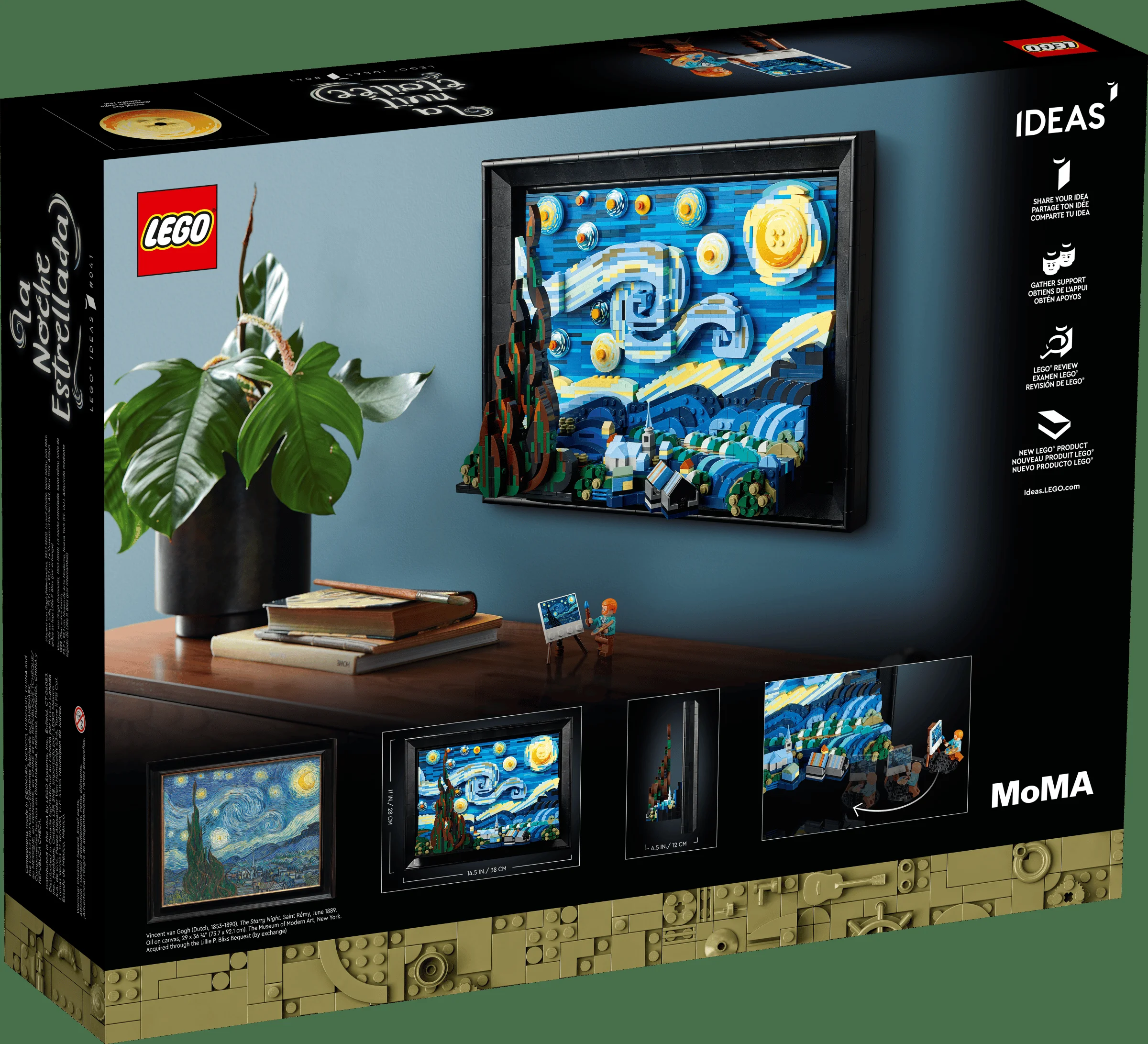 Imaginea prezintă cutia setului LEGO Ideas „Noaptea înstelată” cu modelul finalizat și minifigurina Van Gogh.