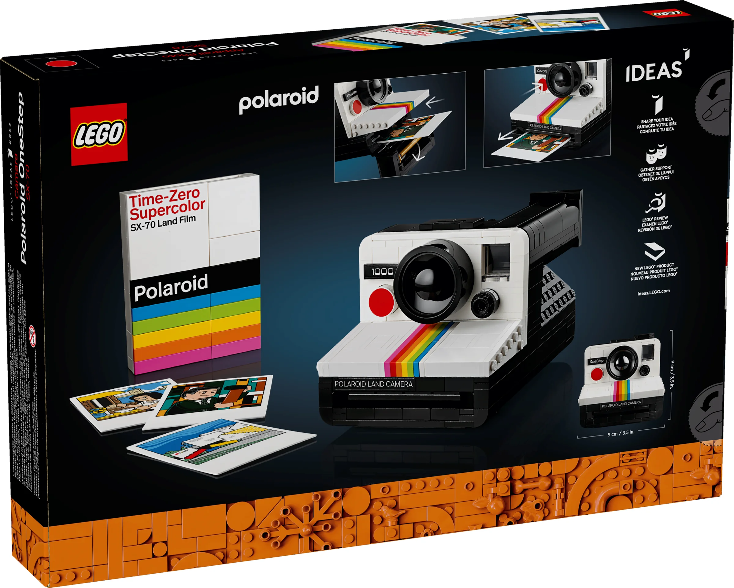 Imagine cu cutia setului LEGO Polaroid OneStep SX-70 (21345), detaliind modelul și funcțiile.
