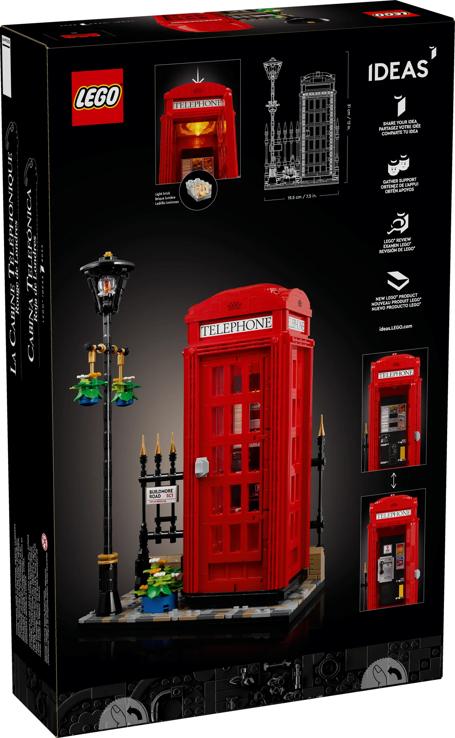 Imagine cu cutia setului LEGO Ideas 21347, Cabina telefonică roșie londoneză, prezentând modelul asamblat și detalii.