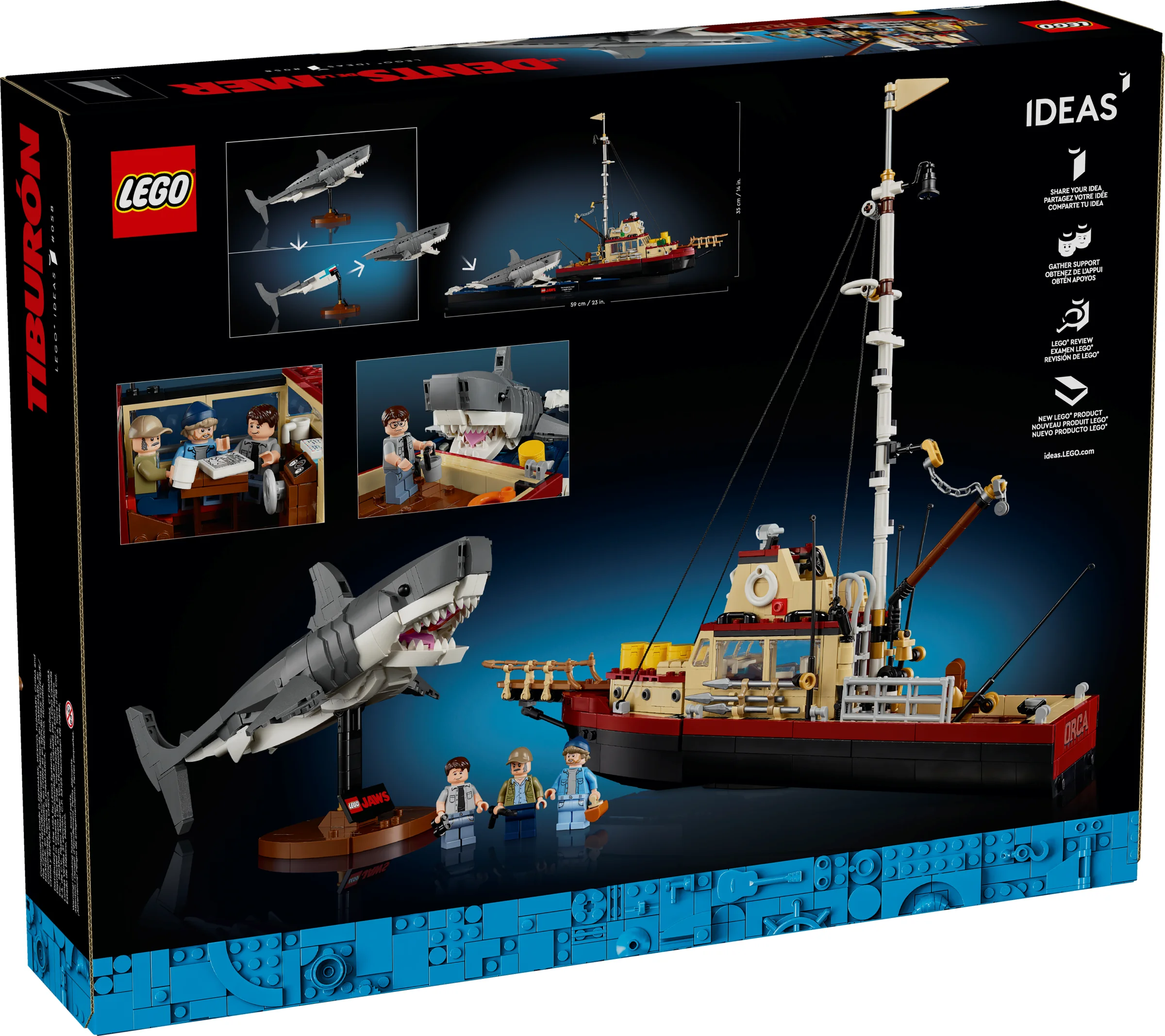 Imaginea prezintă cutia setului LEGO Jaws, cu modelul finalizat și minifigurinele.