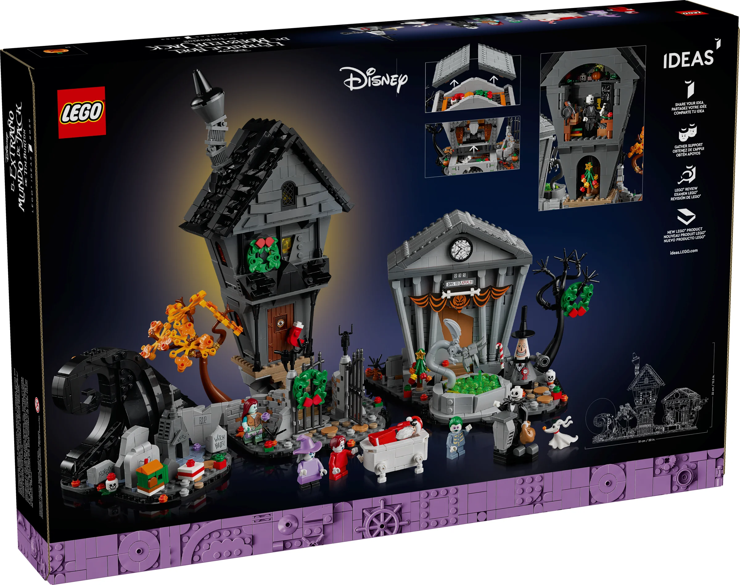 Imagine cu spatele cutiei setului LEGO 21351 Disney The Nightmare Before Christmas.