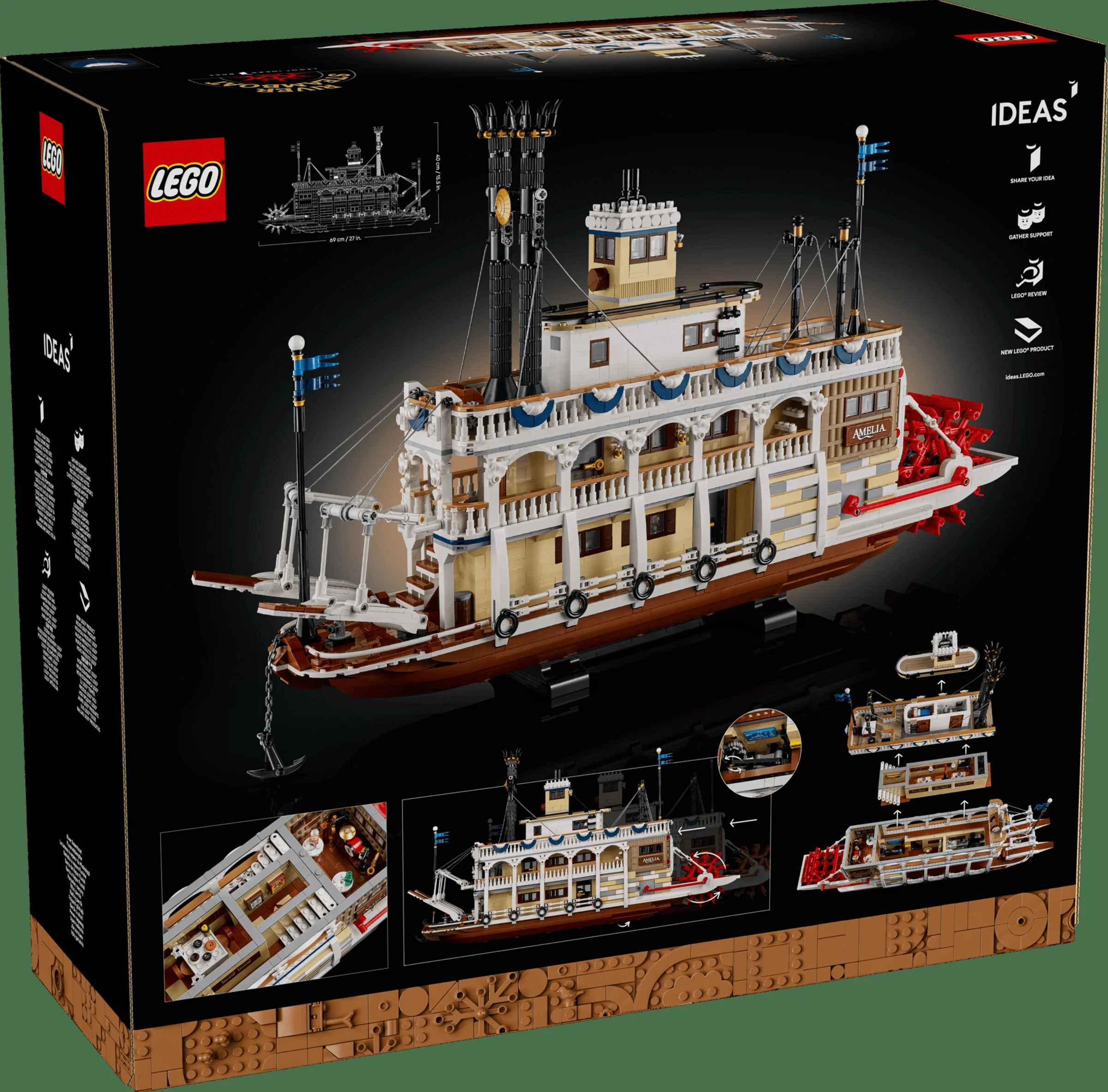 Cutia setului LEGO Ideas 21356, „Vapor Fluvial”. Modelul vaporului este prezentat detaliat.