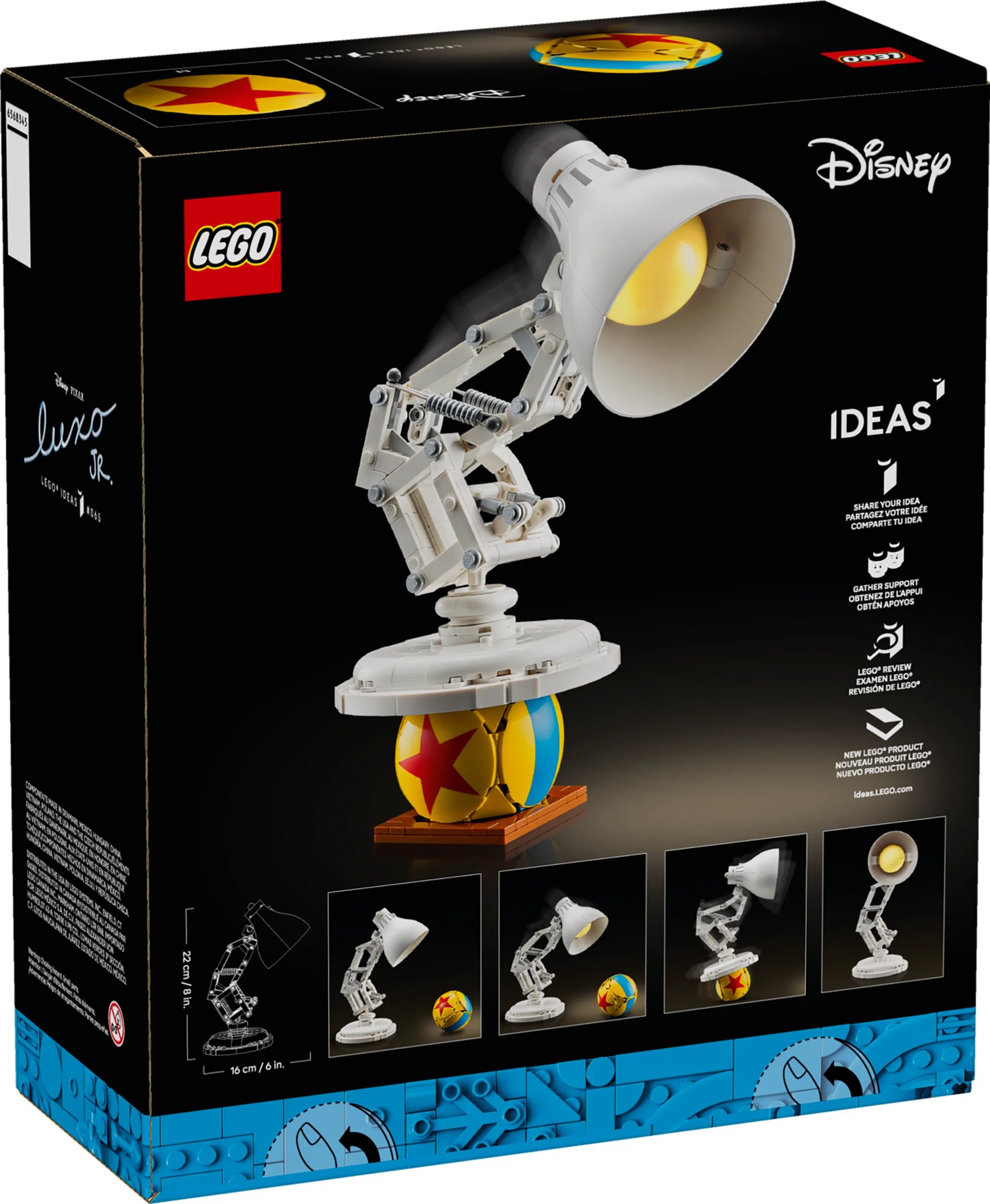 Cutia LEGO Ideas 21357 Luxo Jr. cu imaginea lămpii și a mingii.