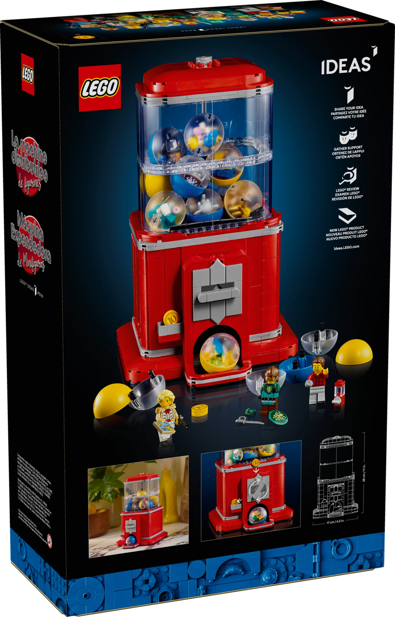 Cutia setului LEGO Ideas 21358, cu imagini ale modelului și minifigurilor incluse. Detalii despre dimensiuni și funcții.