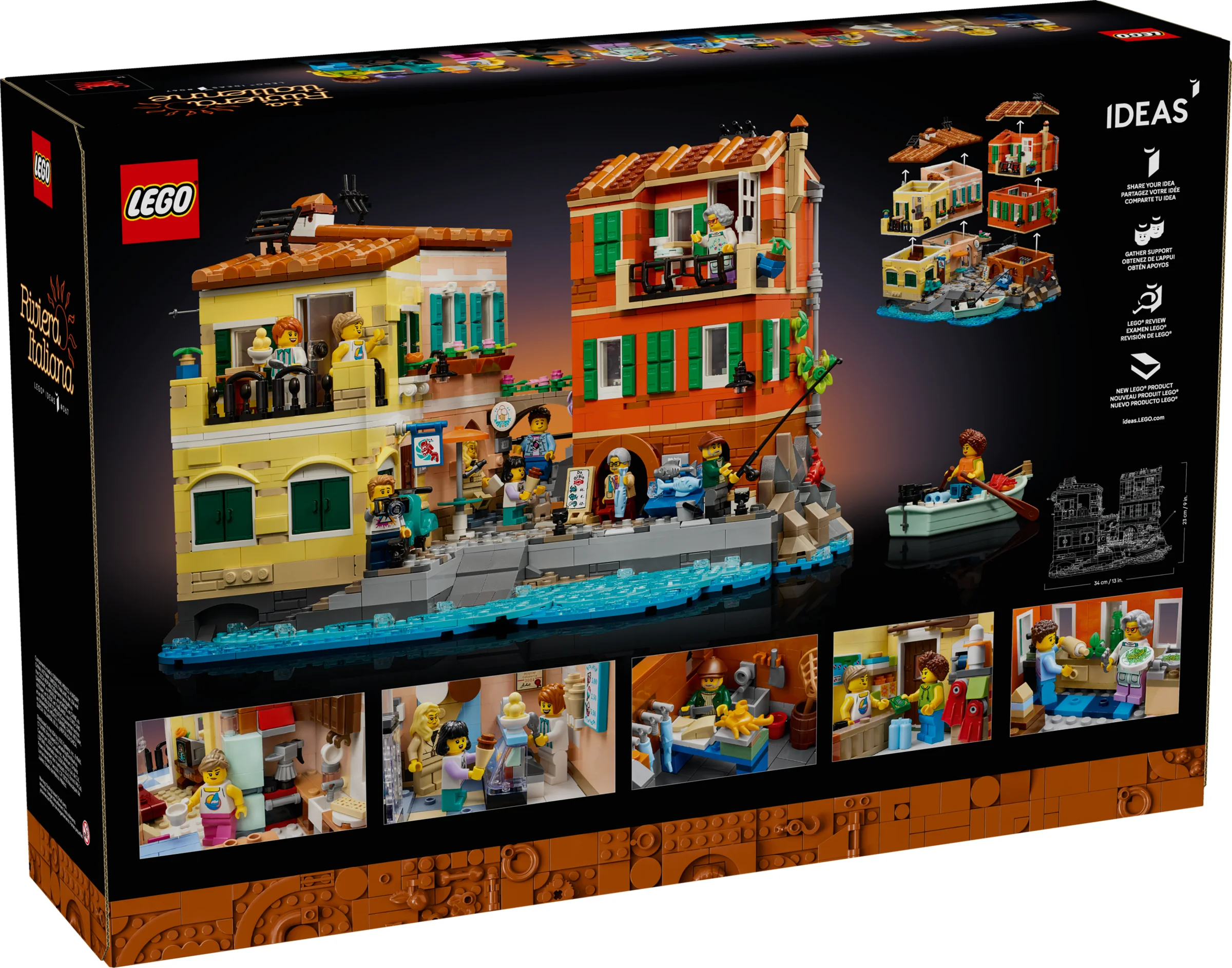 Imagine cu cutia setului LEGO Ideas Riviera Italiană, cu modelul construit și detalii interioare.