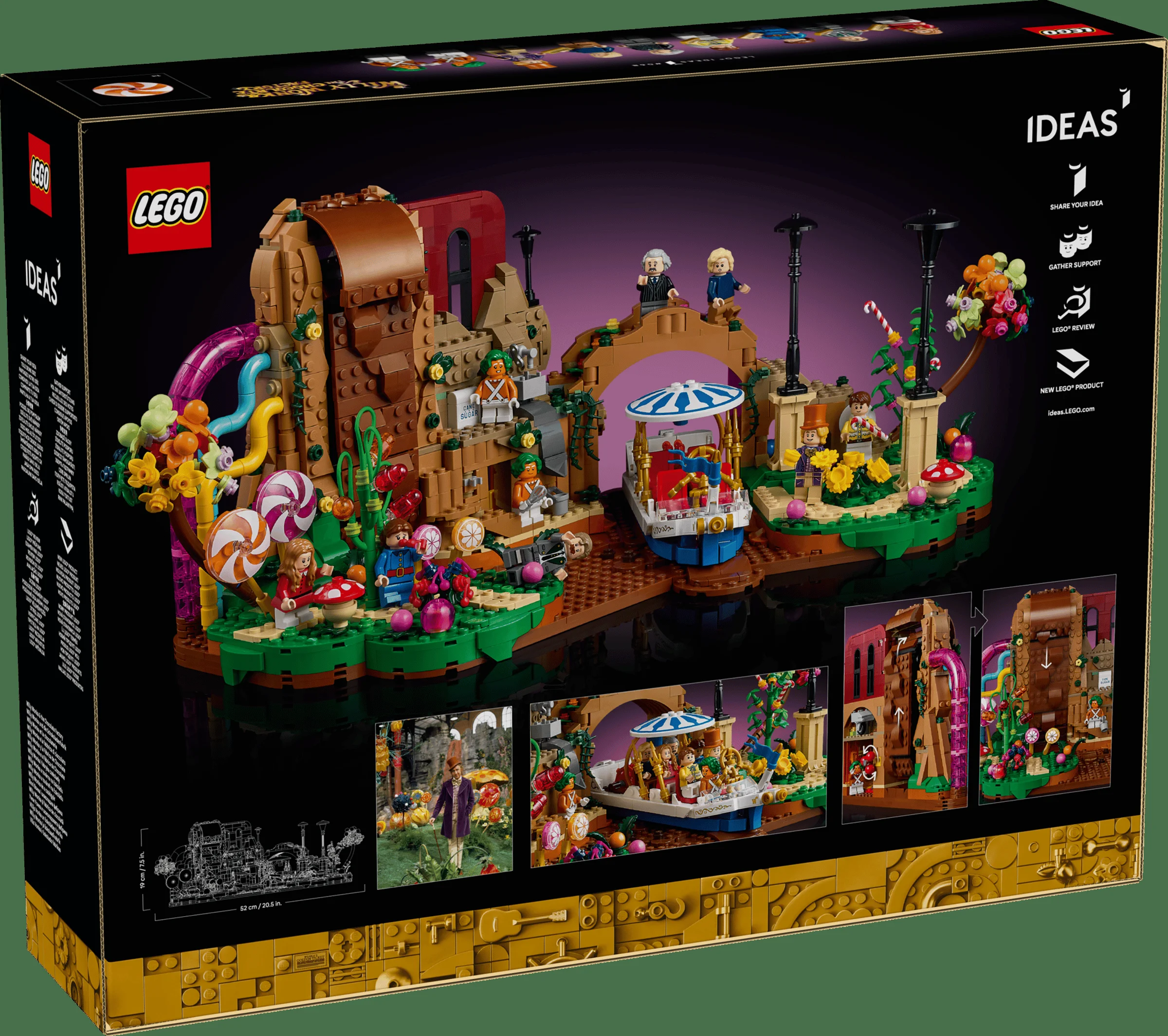 Imagine cu cutia setului LEGO Ideas Willy Wonka, arătând modelul construit și minifigurinele incluse.