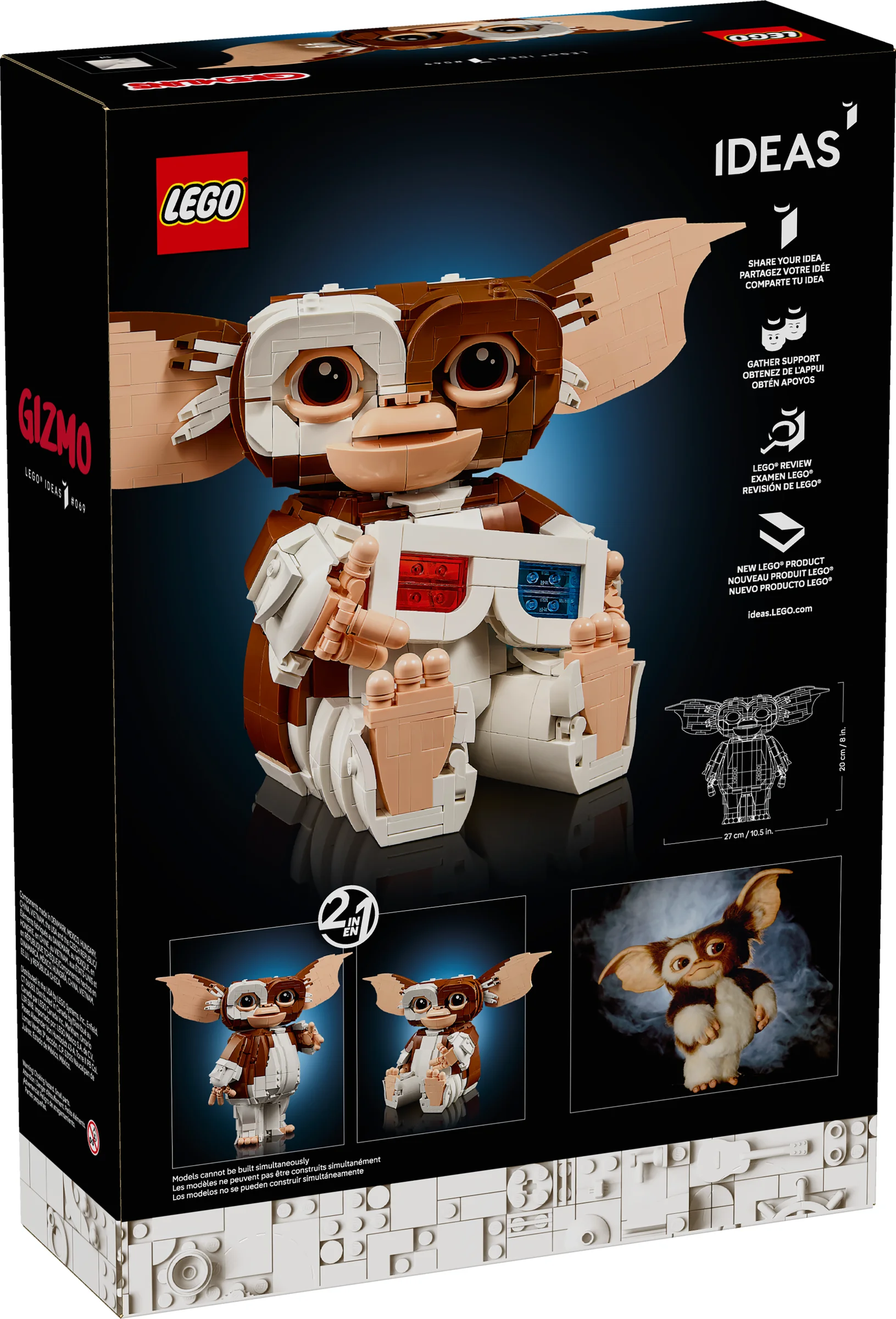 Cutia LEGO Ideas 21361, cu Gizmo construit din piese LEGO pe fundal negru.