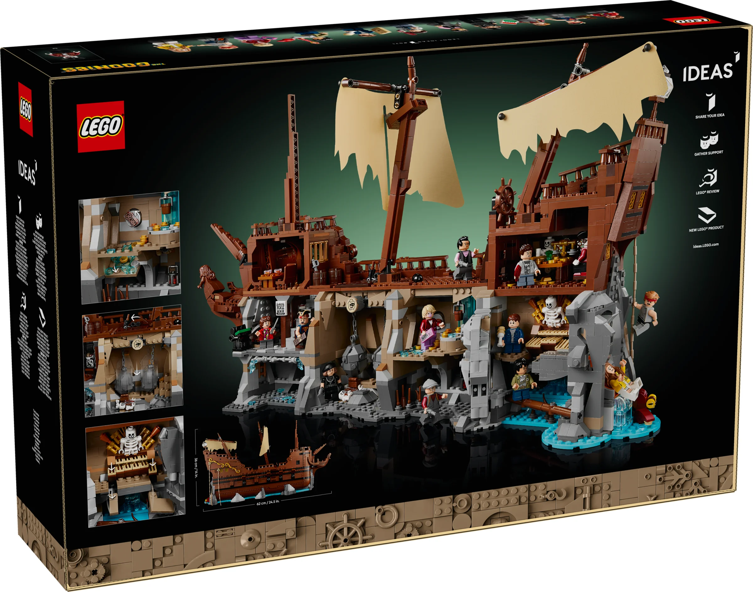 Imagine cu cutia setului LEGO Ideas 21363 The Goonies, prezentând modelul asamblat și detalii.