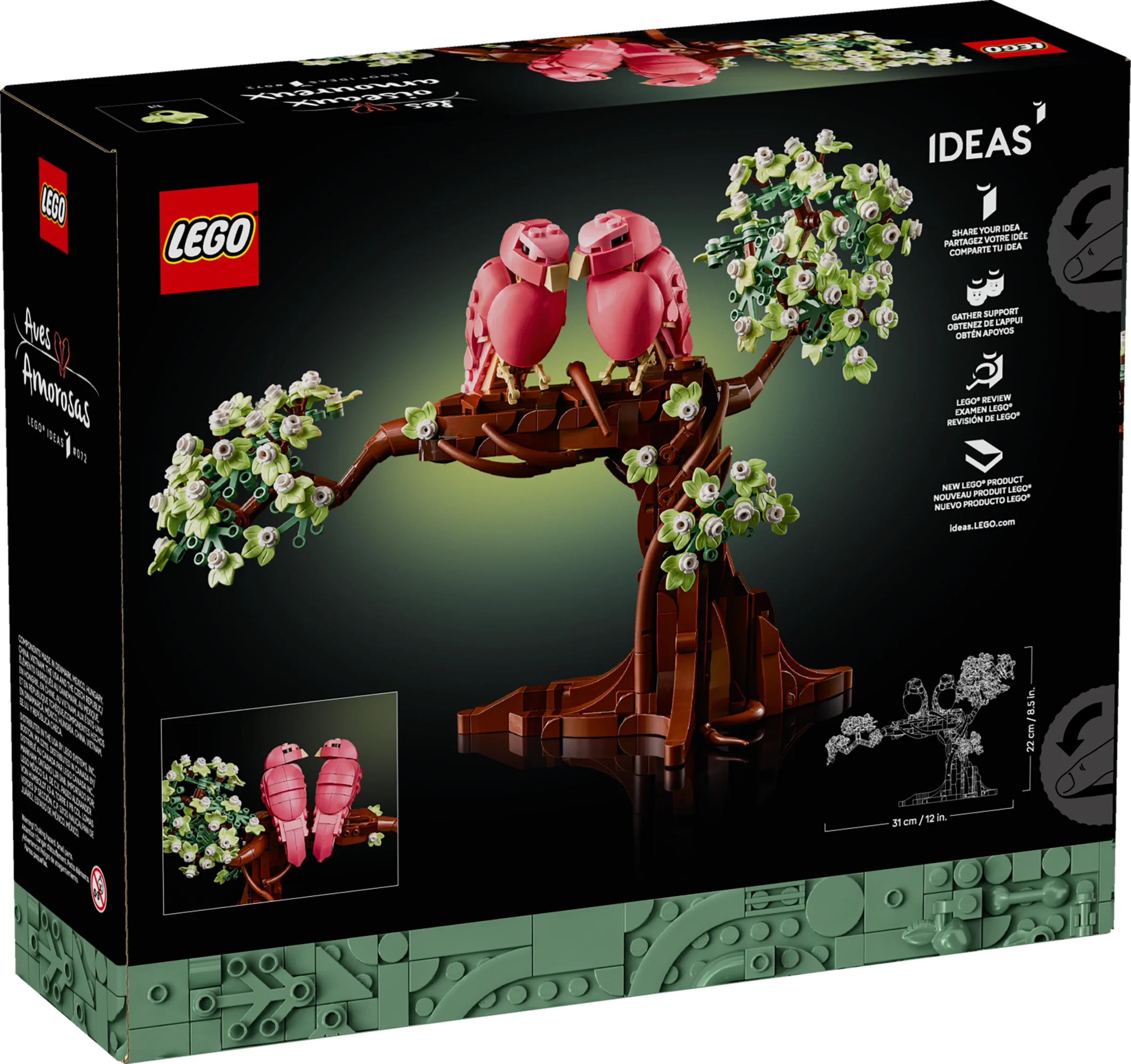 Cutia LEGO Ideas 21365 Love Birds, cu o imagine a modelului construit.