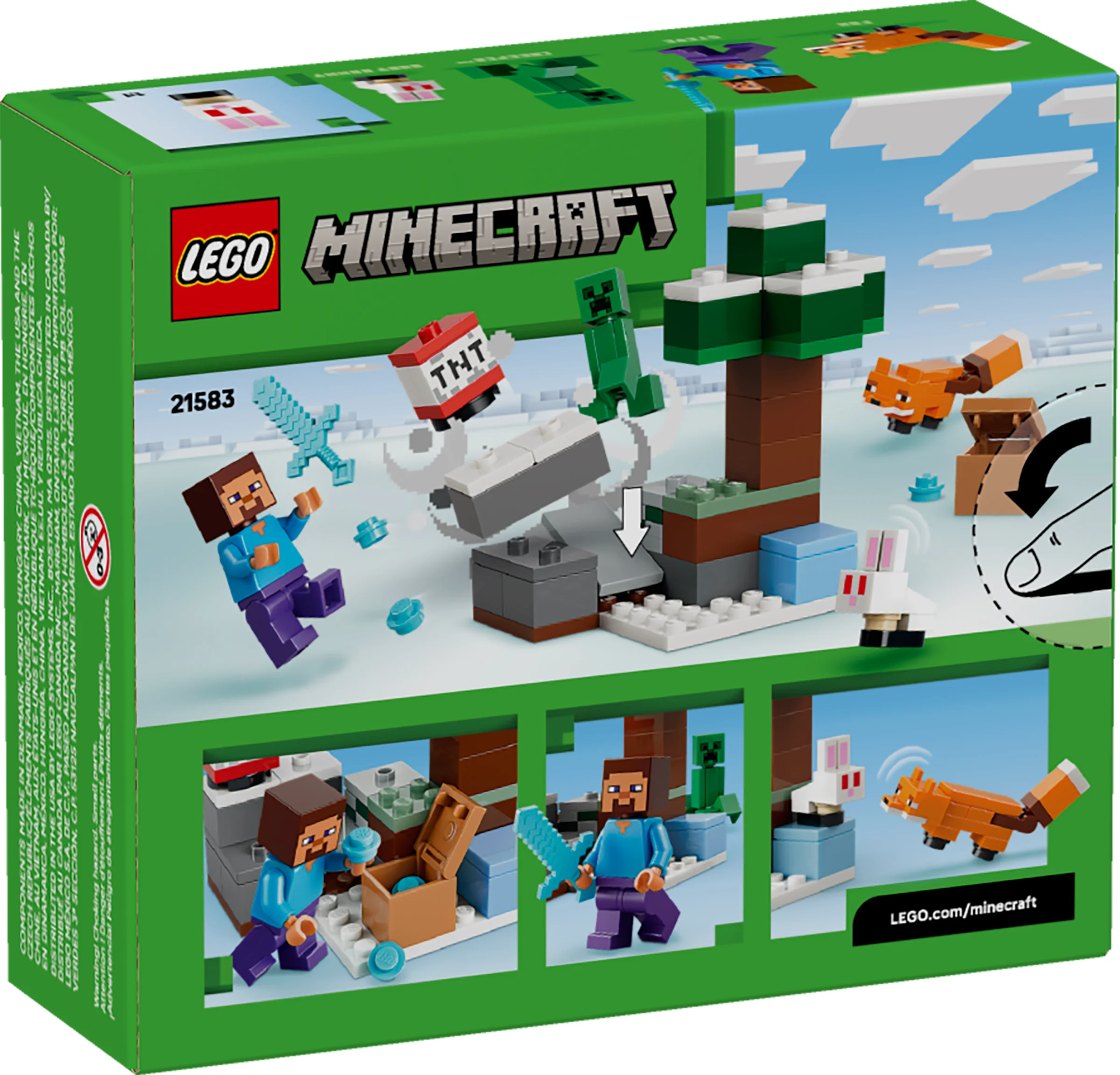 Cutia LEGO Minecraft 21583 prezintă o scenă de aventură în taiga cu Steve, creeper și un fox.