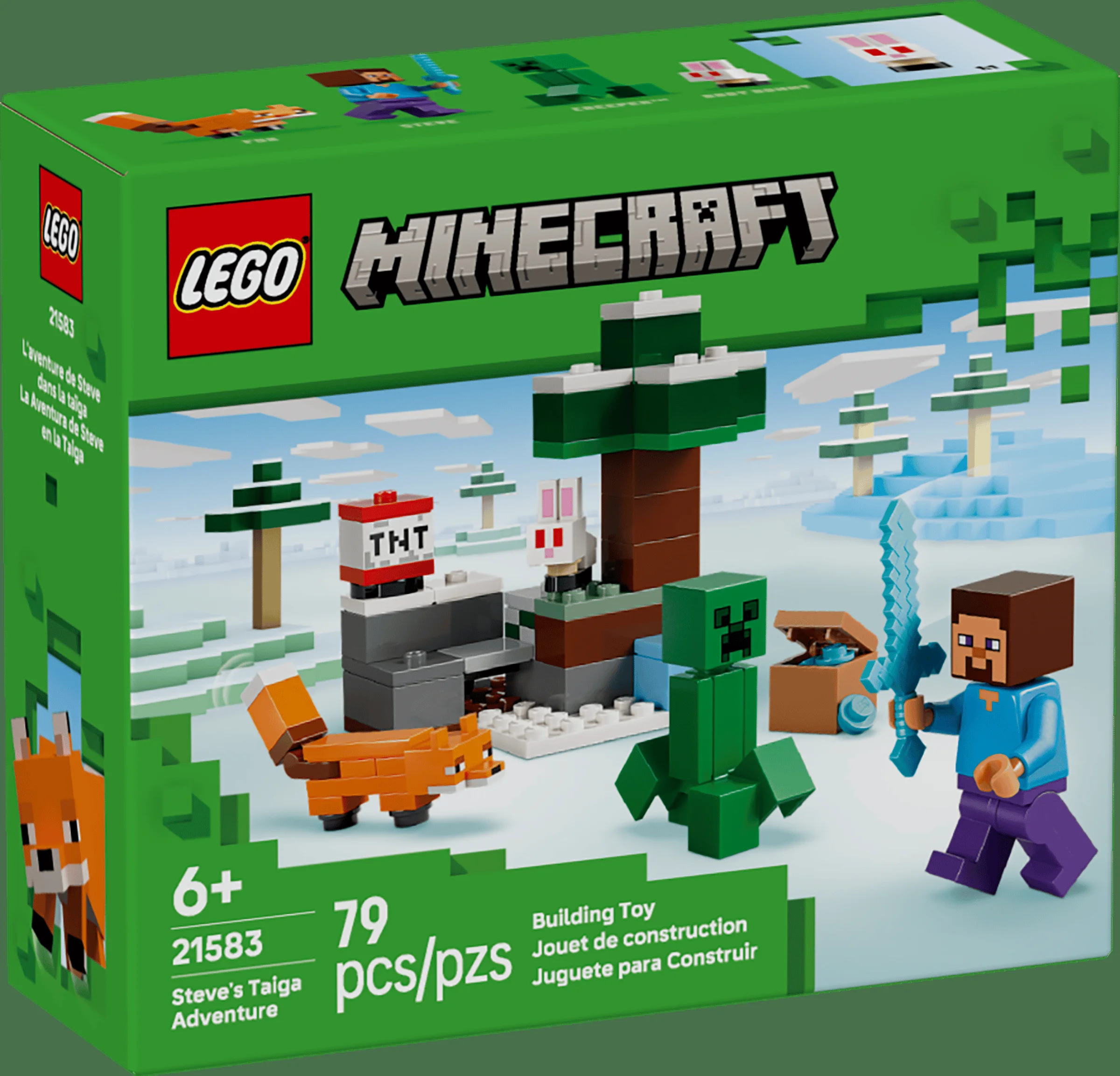 Cutie LEGO Minecraft 21583, cu Steve într-o aventură taiga. Include Creeper, vulpe și peisaj de iarnă.