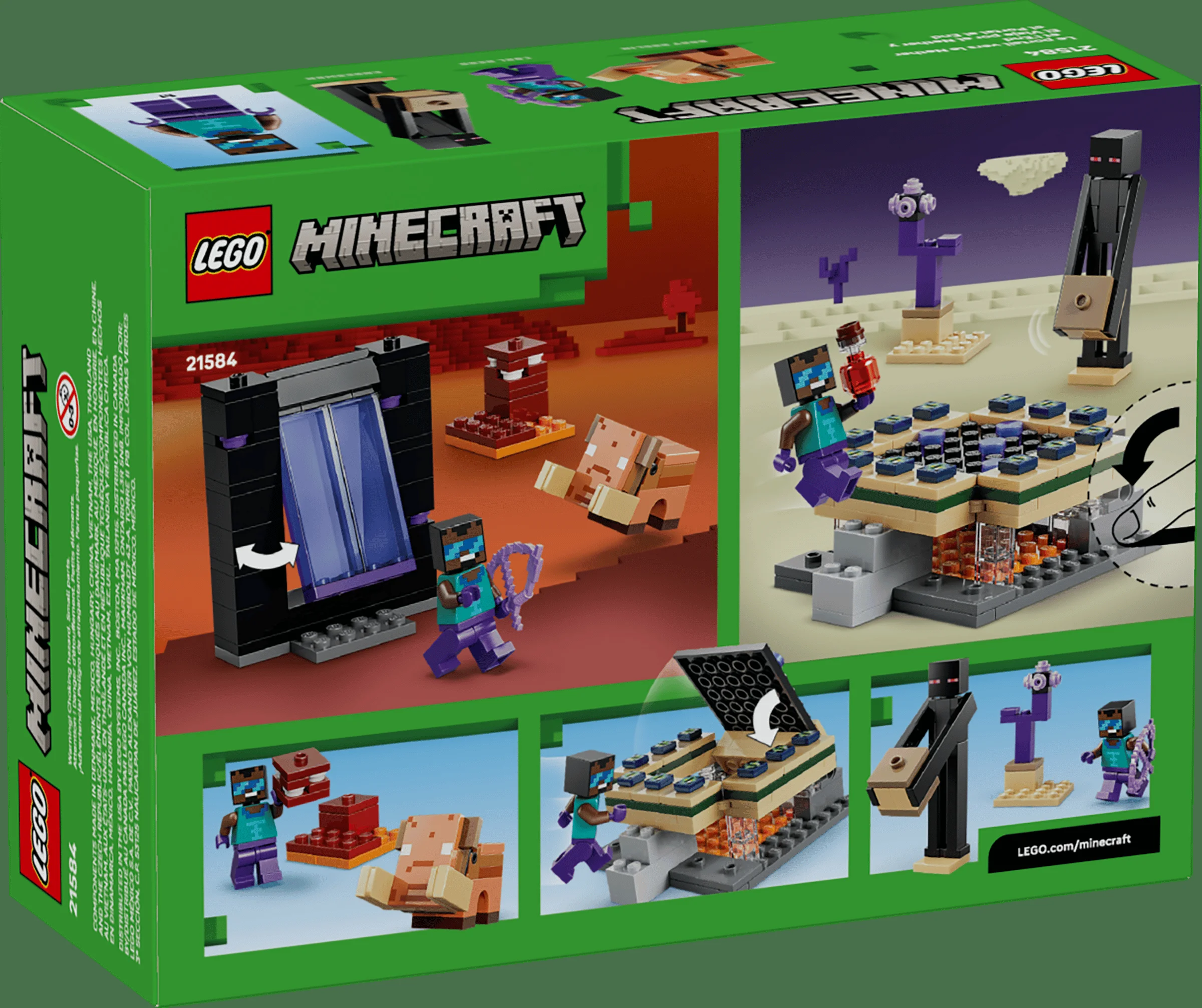 Cutia setului LEGO Minecraft 21584 prezintă scene din Nether și End. Detalii despre minifigurine și construcție.