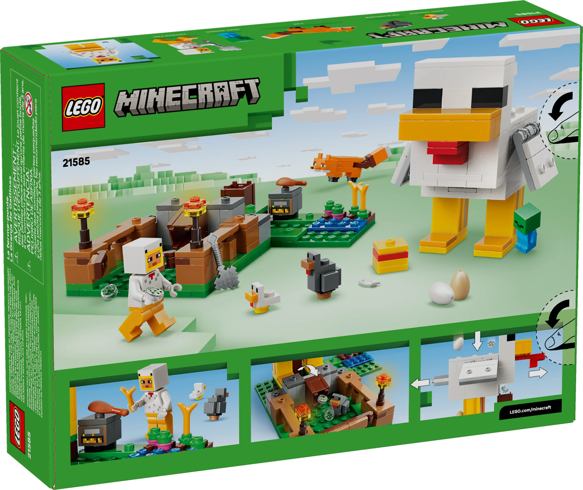 Imagine cu spatele cutiei LEGO Minecraft 21585, arătând modelul și funcțiile sale.