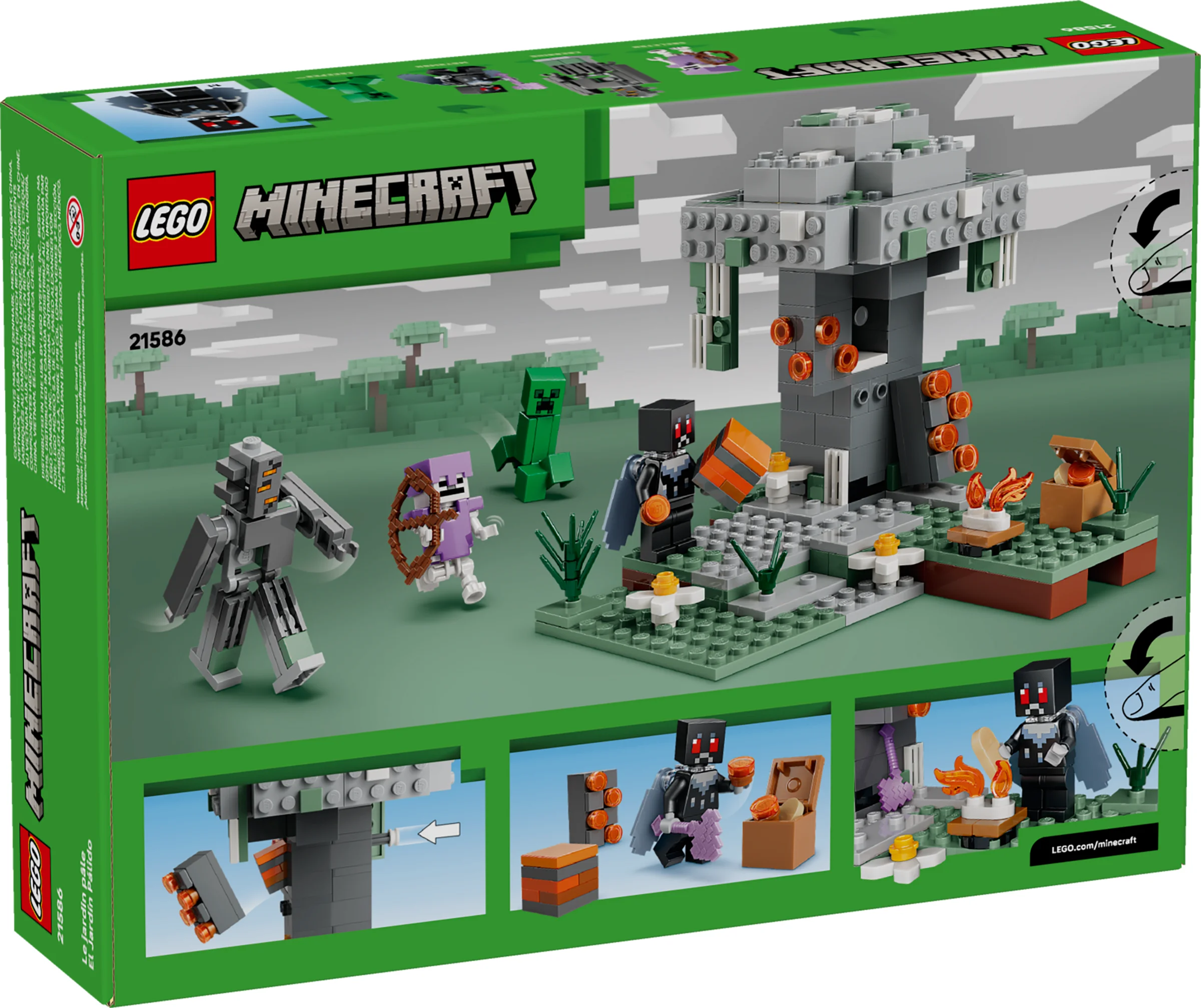Cutia LEGO Minecraft 21586, ilustrând scena din joc, cu minifigurine și funcții interactive.