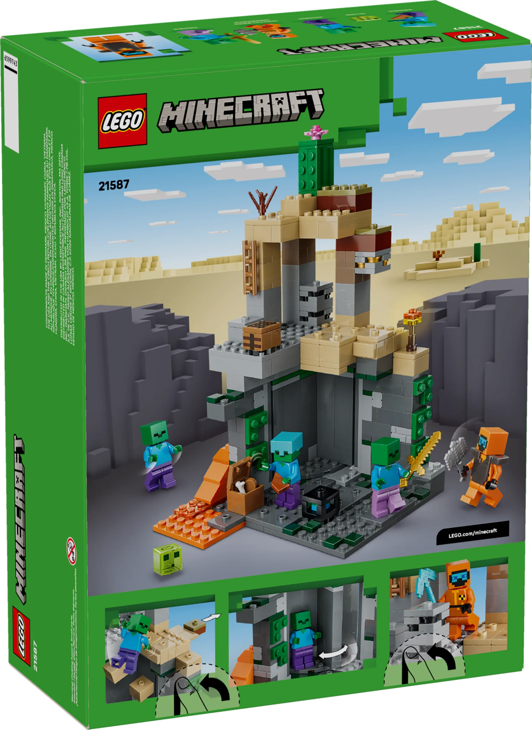 Imagine cu cutia setului LEGO Minecraft 21587, prezentând modelul asamblat și minifigurinele.