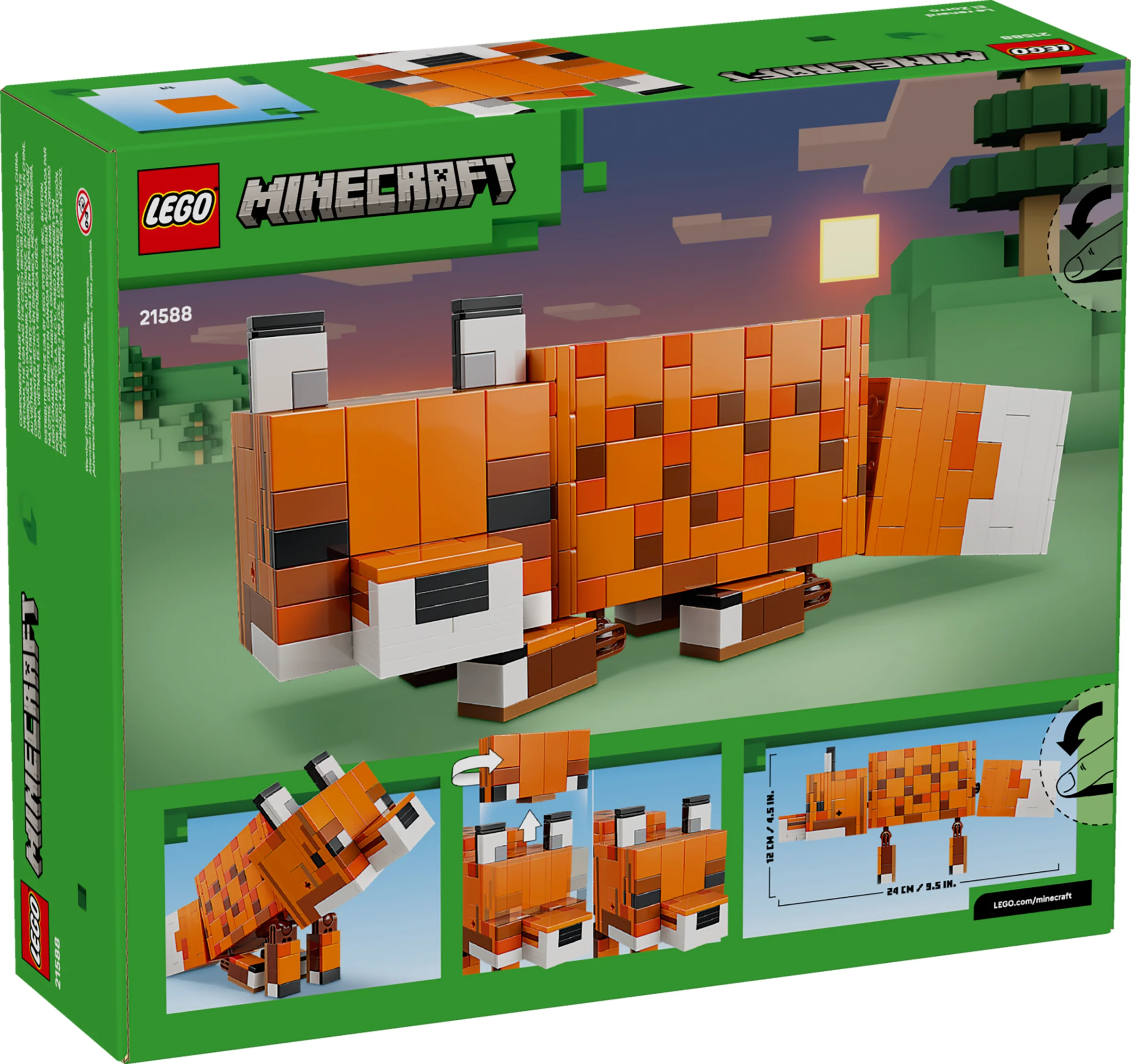 Cutia LEGO Minecraft 21588, ce prezintă vulpea construită din piese, într-un decor Minecraft.