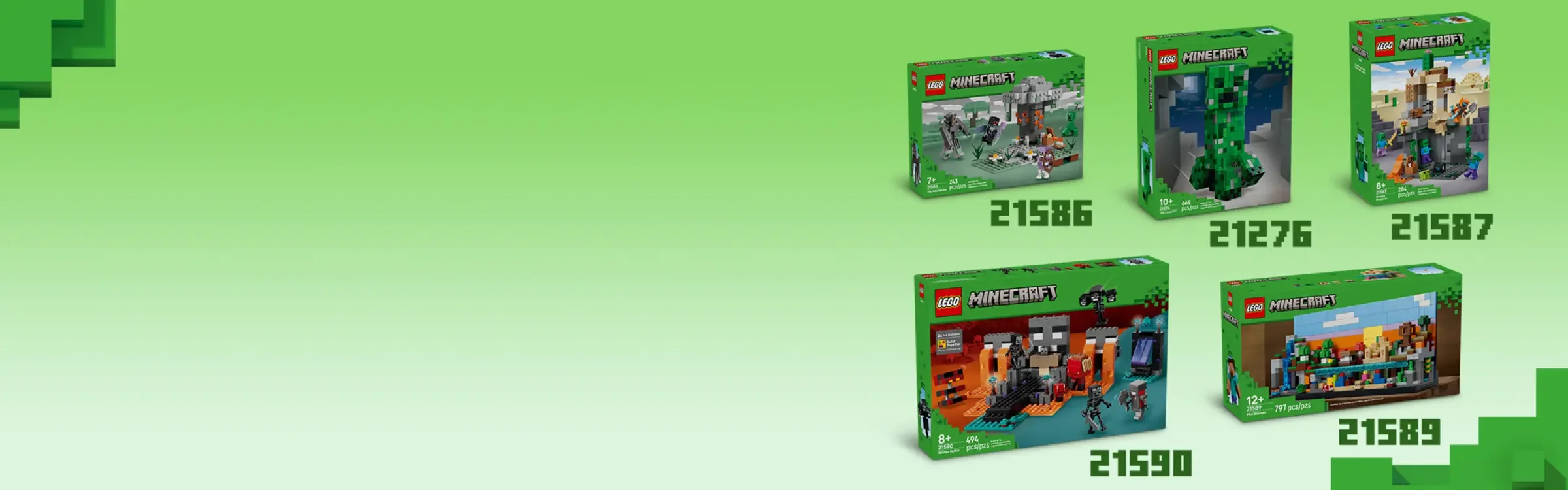 Diverse cutii LEGO Minecraft prezentate. Seturi variate ca dimensiune și complexitate.
