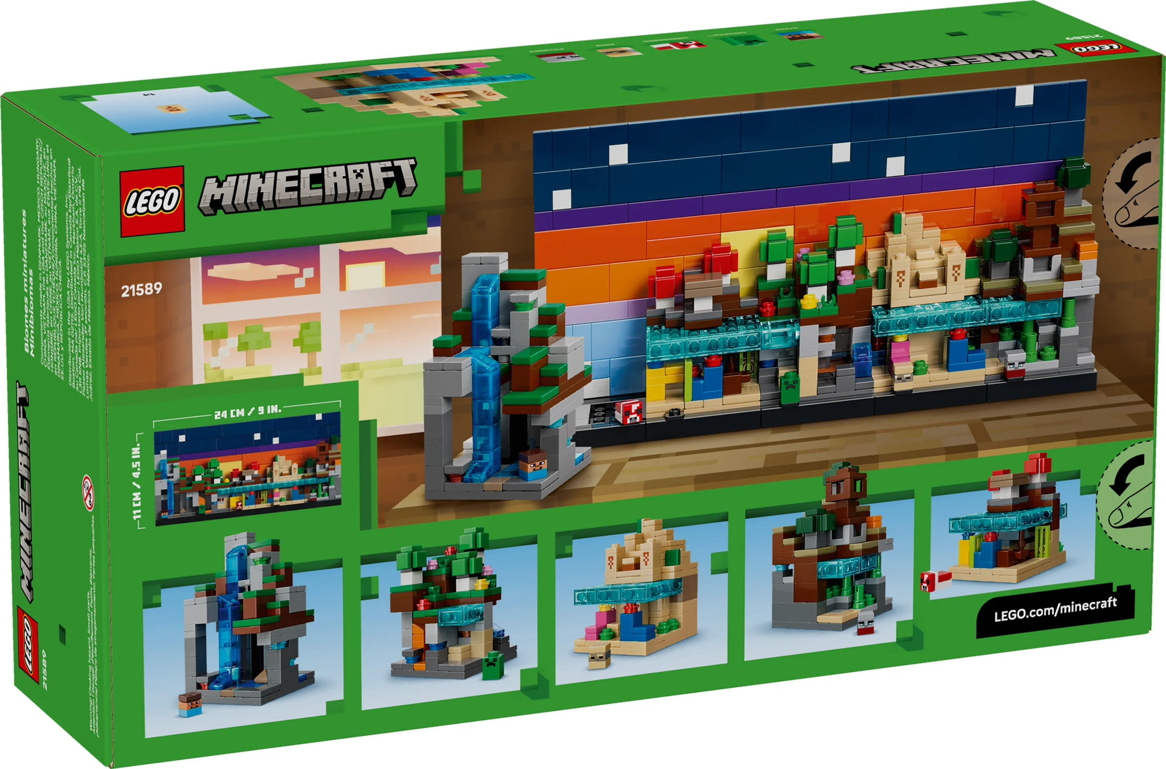 Cutie LEGO Minecraft 21589 Mini Biomes, cu diverse biomes prezentate.