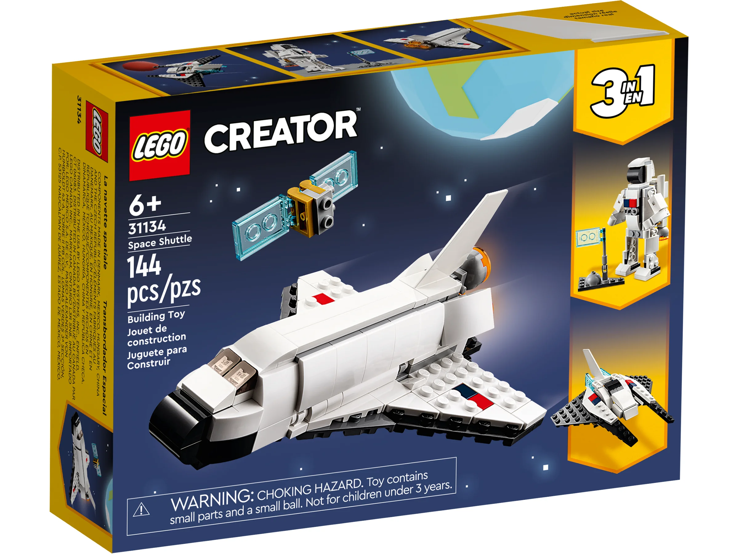 Cutia setului LEGO Creator 31134 Naveta Spațială, cu modelul principal și modele alternative.