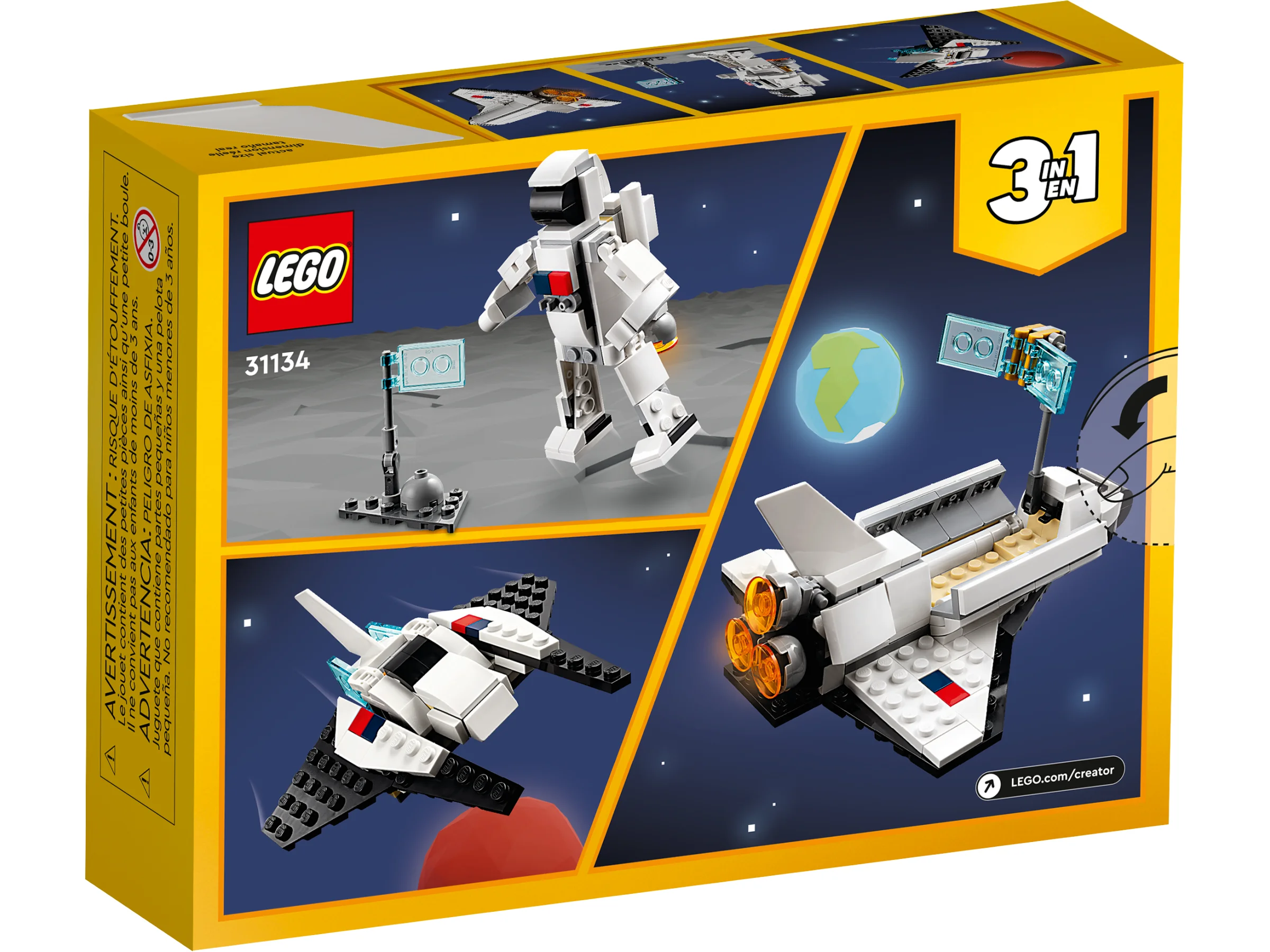 Spatele cutiei LEGO 31134, arătând modelele alternative: navetă spațială, astronaut și navă spațială. 3 în 1.