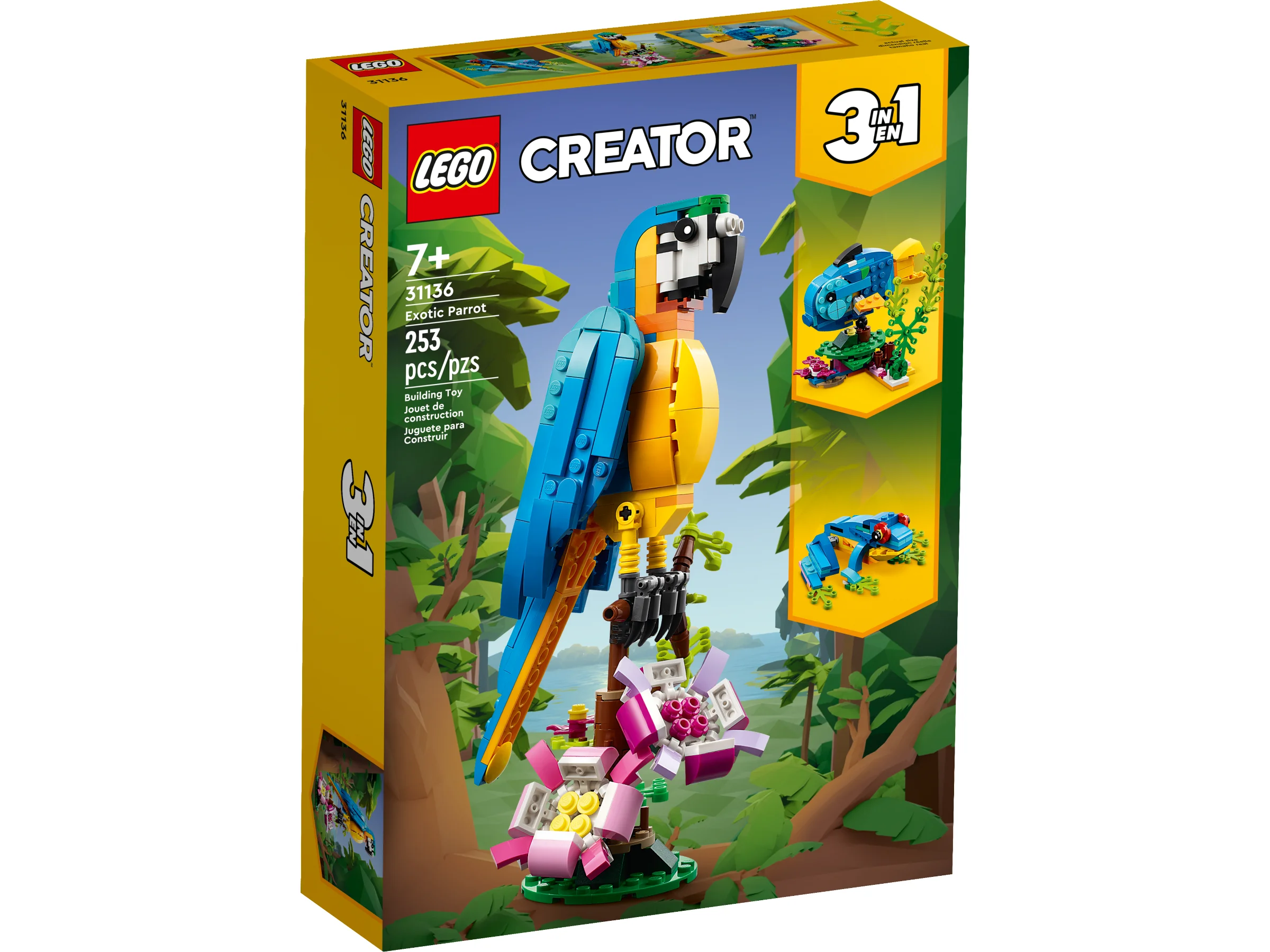 Cutia setului LEGO Creator 31136, cu un papagal exotic colorat pe un suport floral.