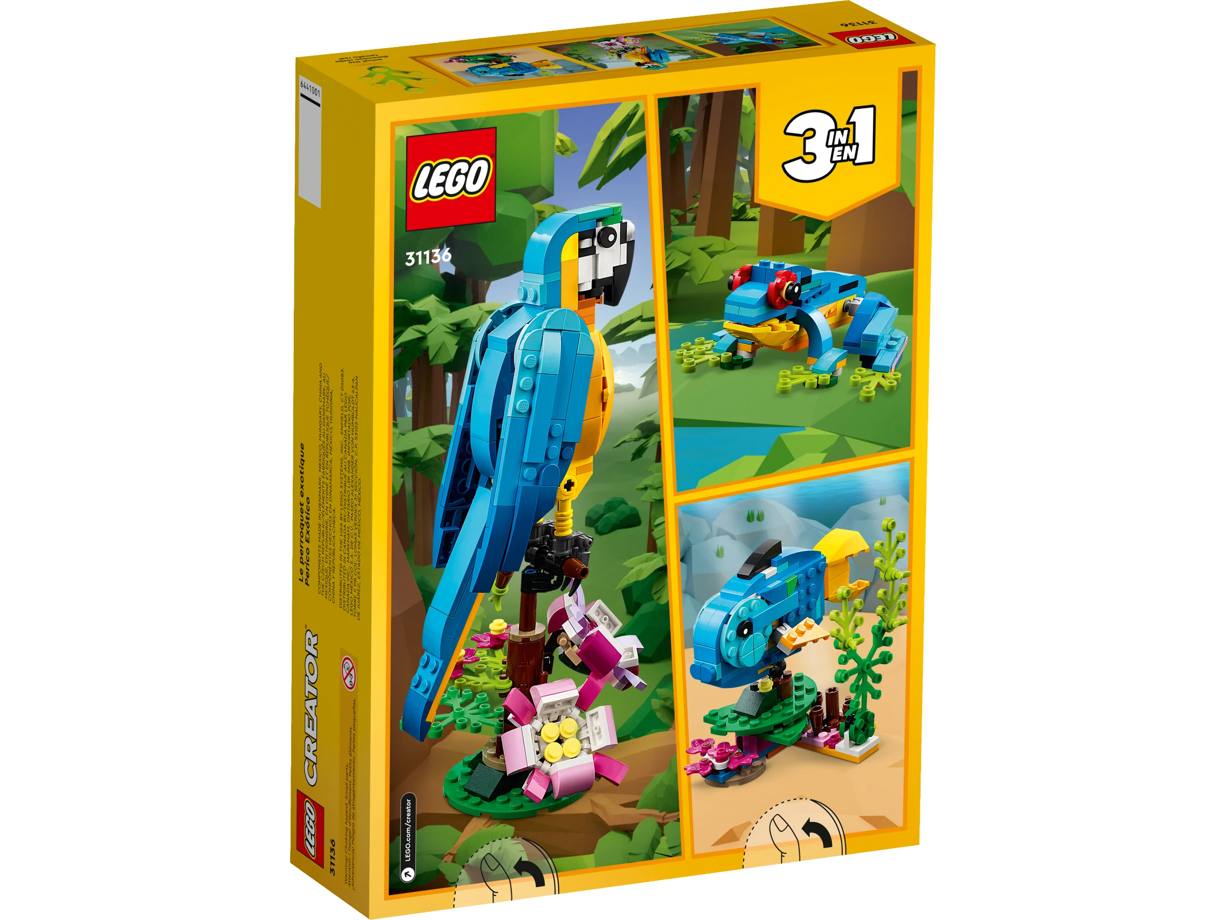 Cutia setului LEGO Creator 31136 prezintă cele trei modele construibile: papagal, broască, pește. 3 în 1.