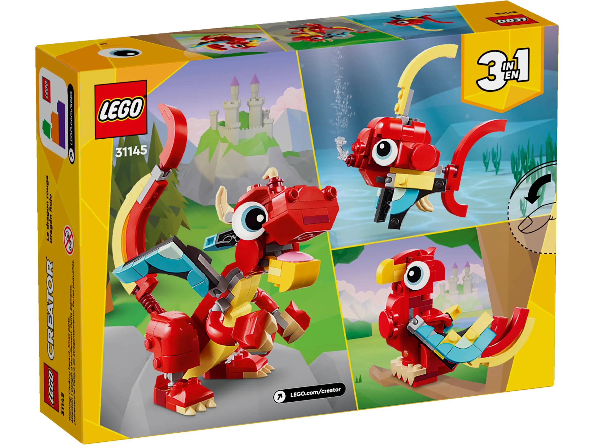 Cutia LEGO Creator 31145 prezintă modelele alternative: dragon, pește tropical, papagal.