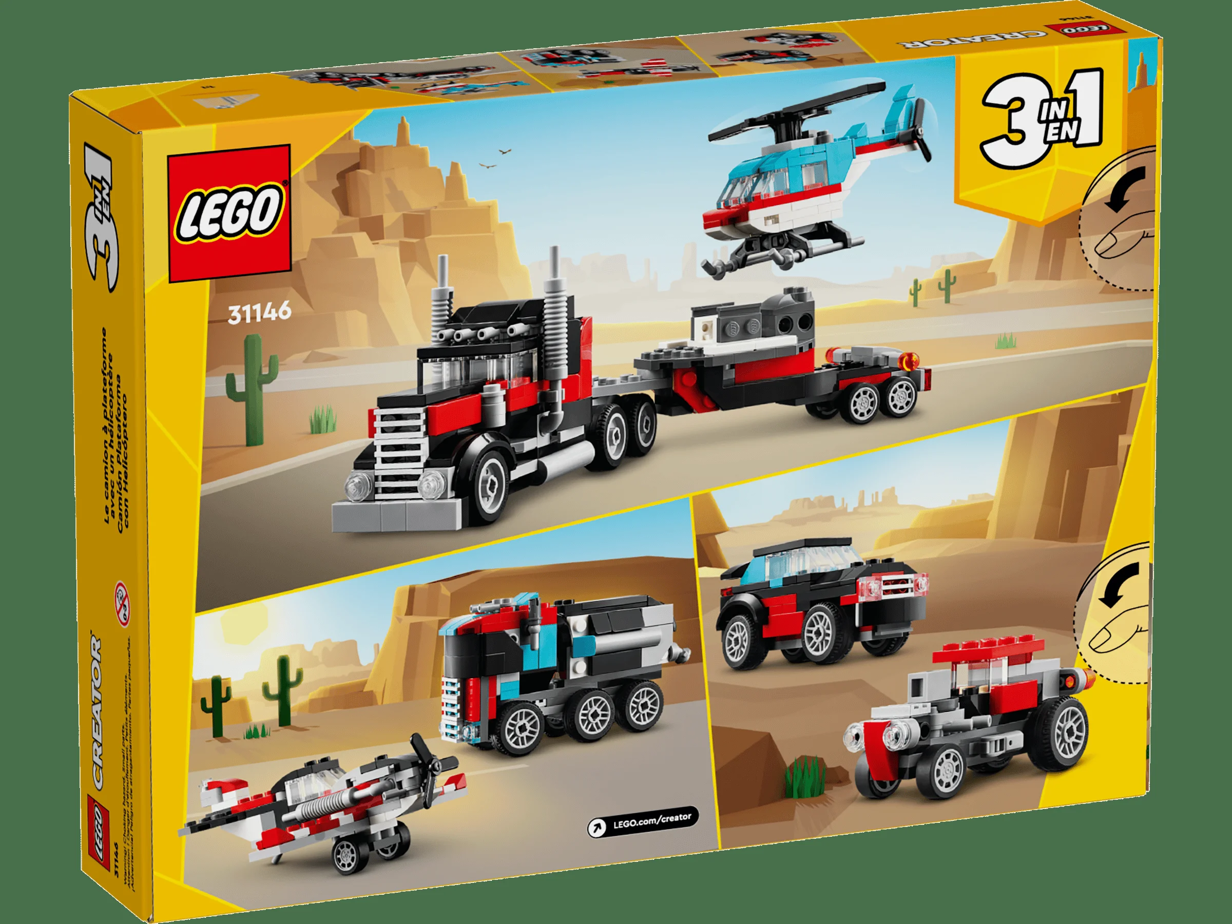 Cutia setului LEGO Creator 31146, cu camion, elicopter și alte modele alternative.