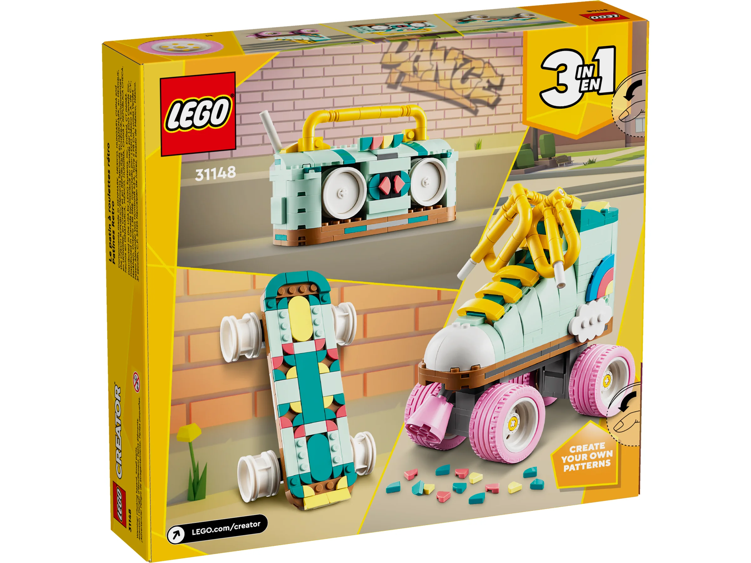 Cutia setului LEGO 31148, cu modelul de role retro și alte construcții alternative.