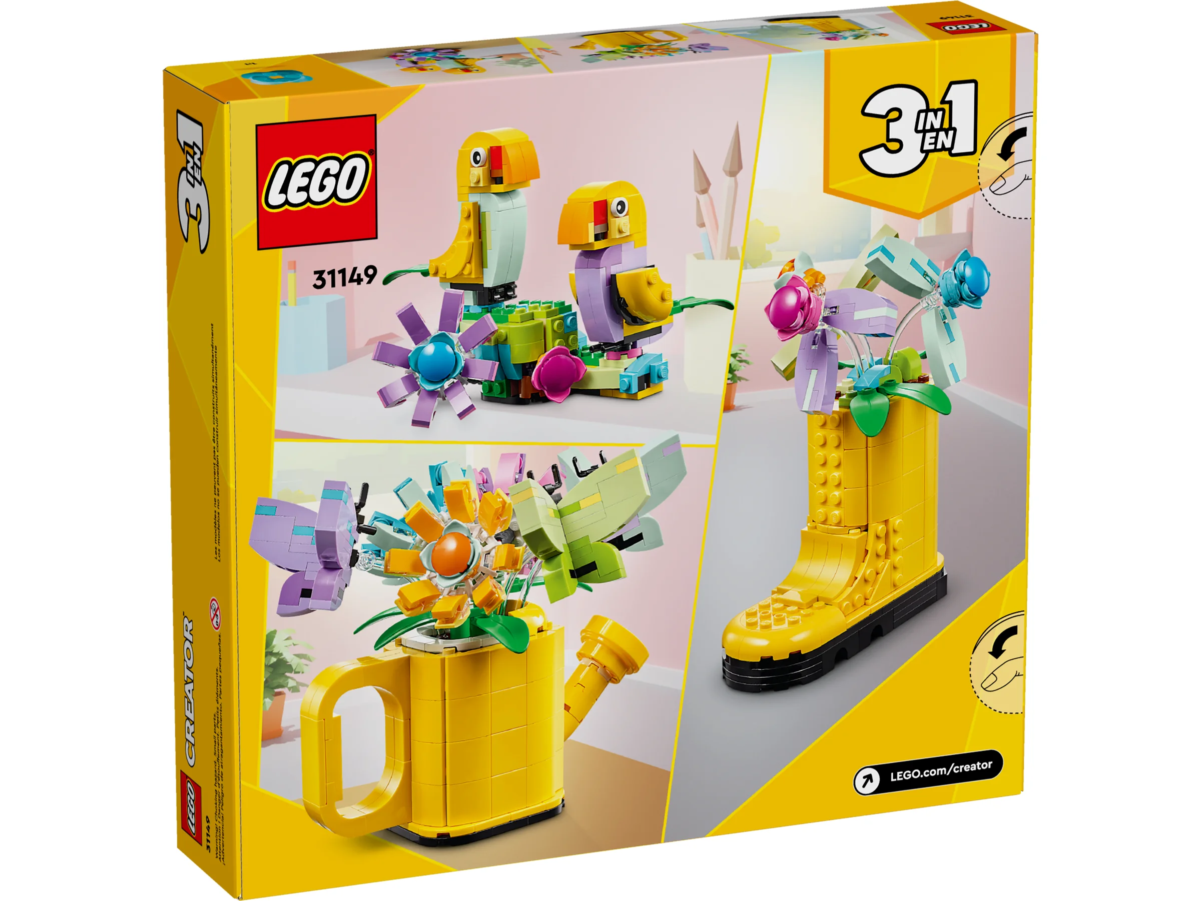 Cutia LEGO Creator 31149, cu imagini ale modelelor alternative: păsări, stropitoare, cizmă.