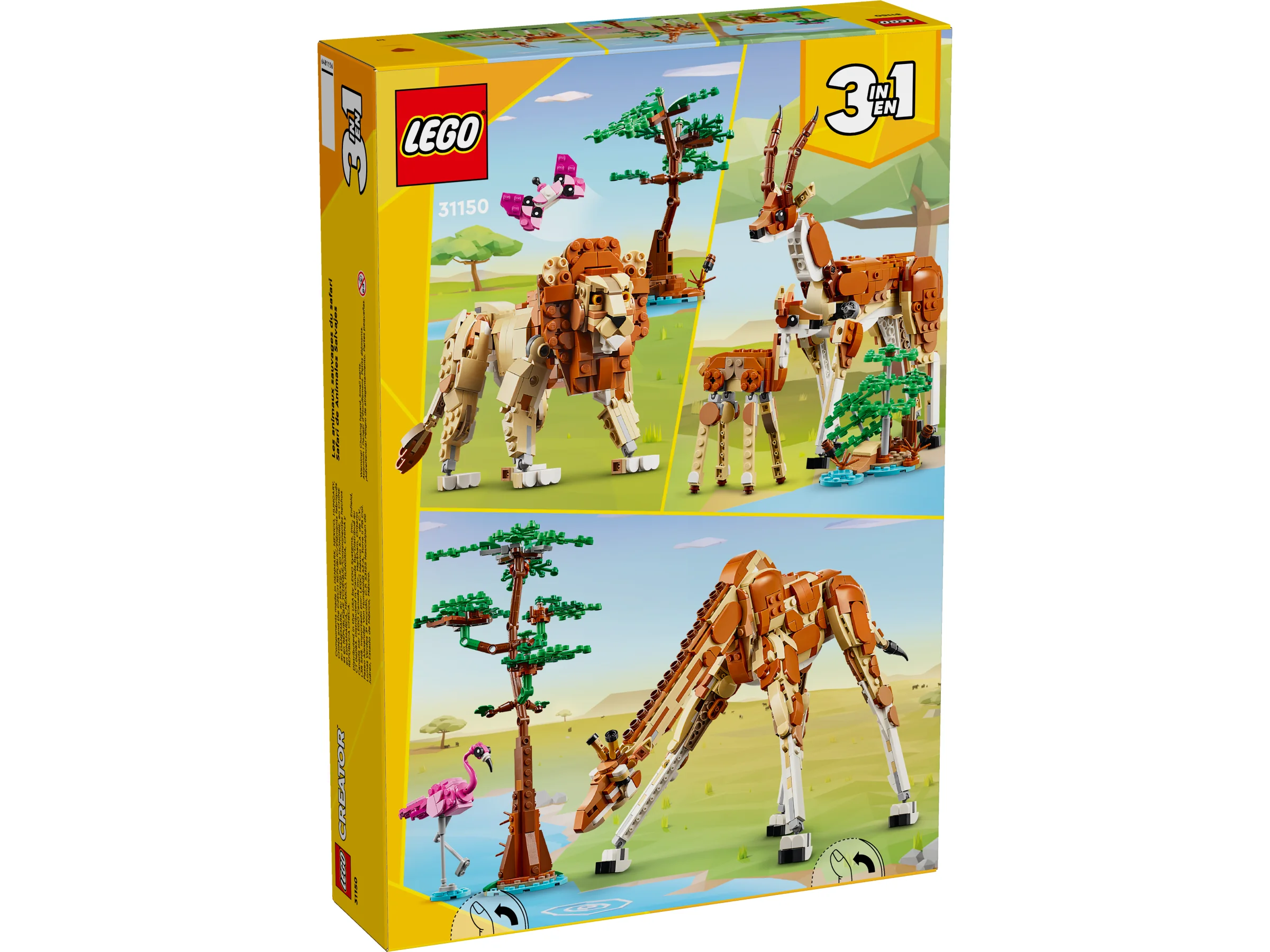 Cutia setului LEGO 31150 cu animale safari sălbatice, arătând modelele construibile.