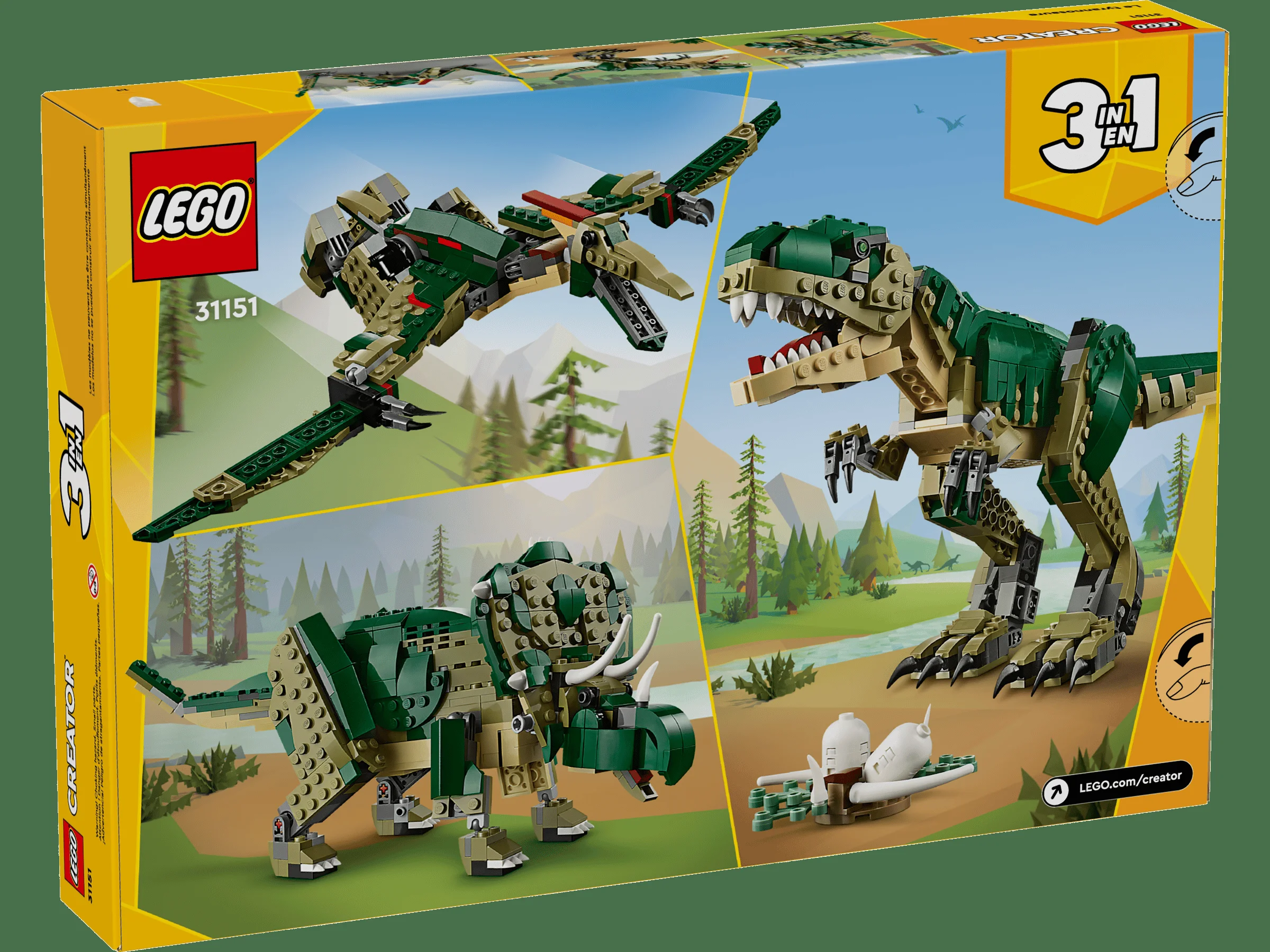 Spatele cutiei LEGO 31151 prezintă cele trei modele alternative: T. rex, pterodactil și triceratops. Oase fosilizate sunt vizibile.