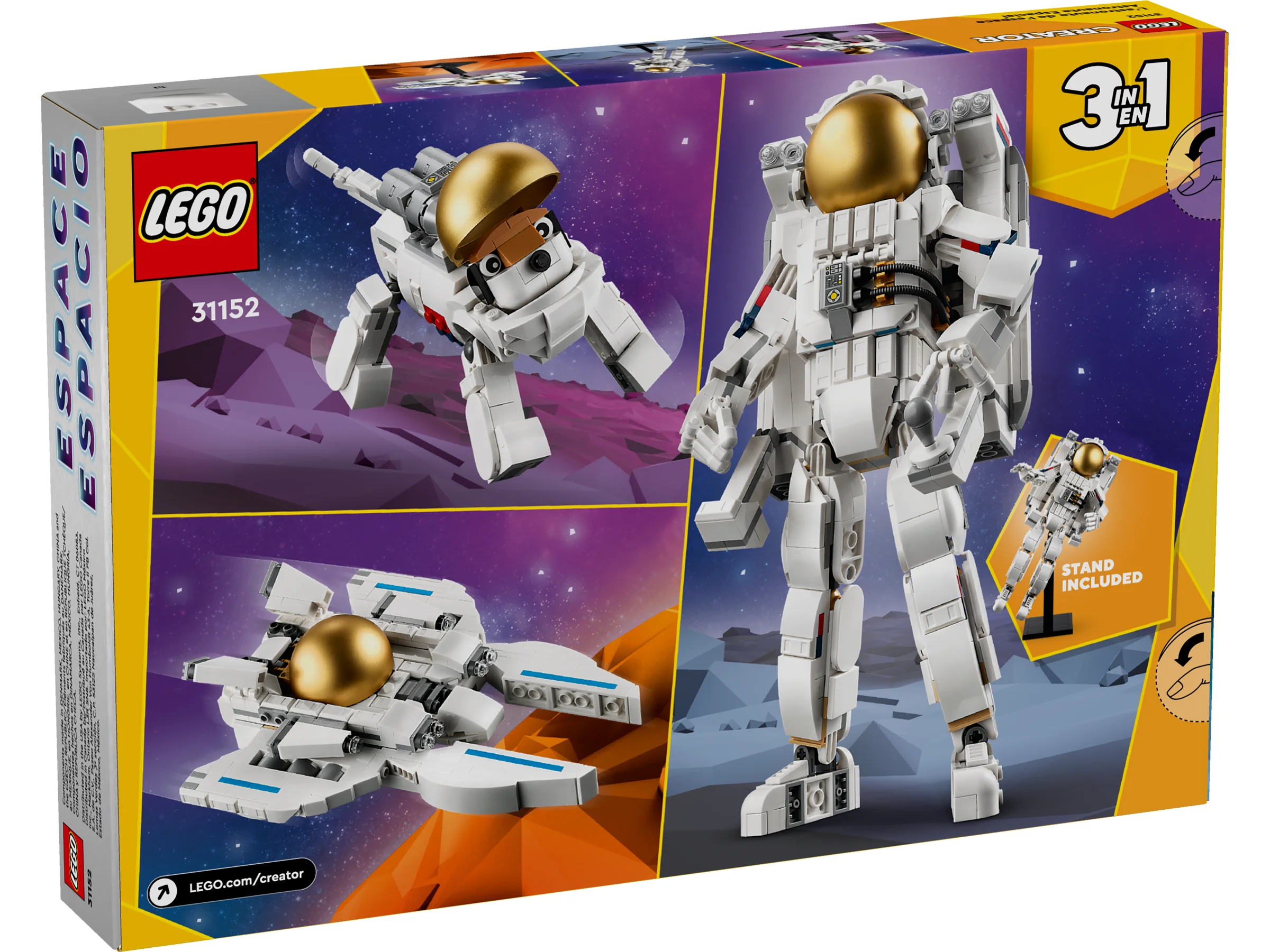 Cutia setului LEGO Creator 31152 prezintă cele 3 modele alternative: astronaut, câine spațial și navă.