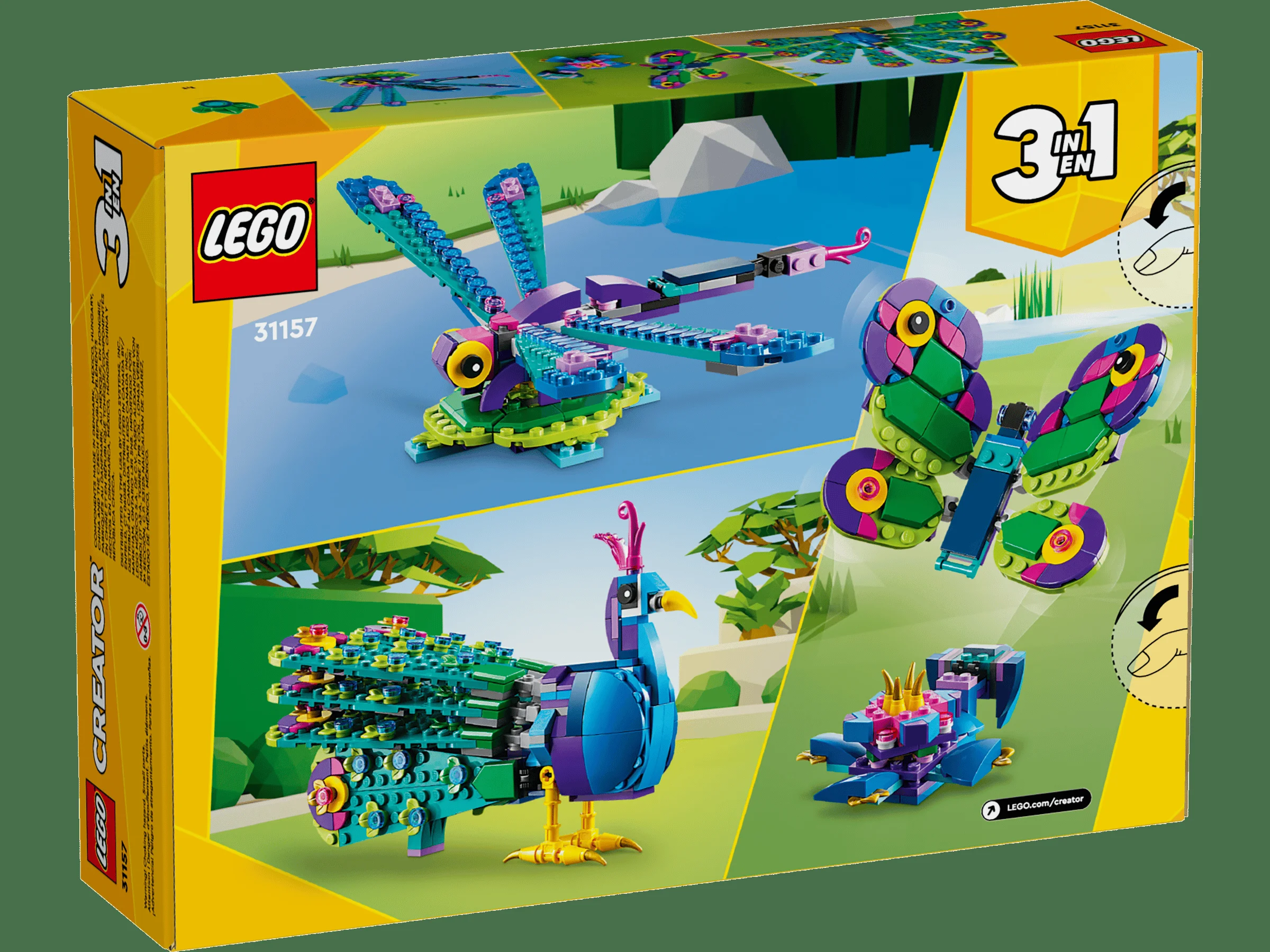 Cutia LEGO Creator 31157 prezintă un păun, o libelulă și un fluture construite din cărămizi LEGO.