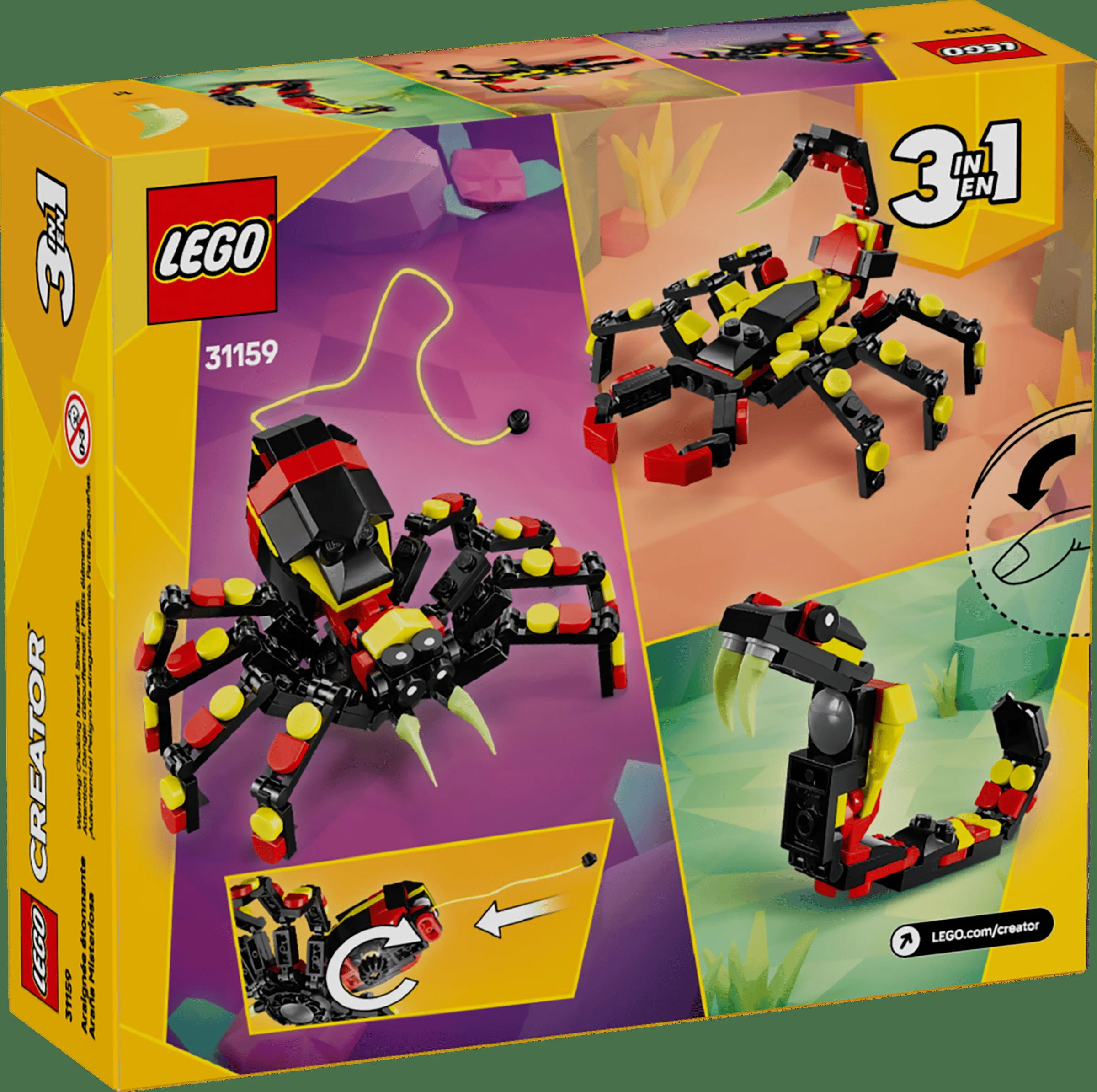 Imaginea prezintă cutia setului LEGO Creator 31159, „Păianjenul Surprinzător”, cu modele alternative.