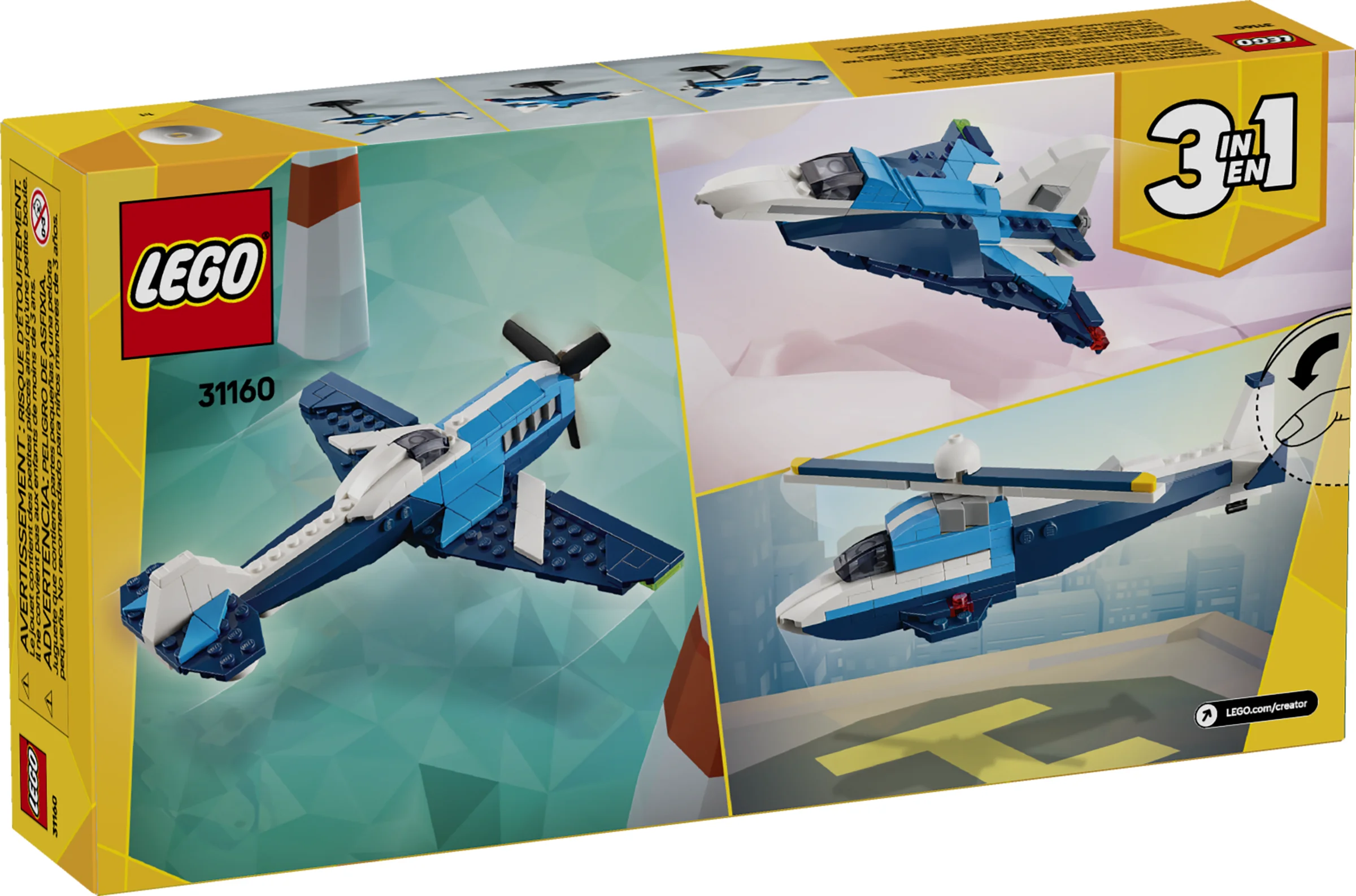 Cutie LEGO 31160, avion de curse, prezintă modele alternative 3-în-1.