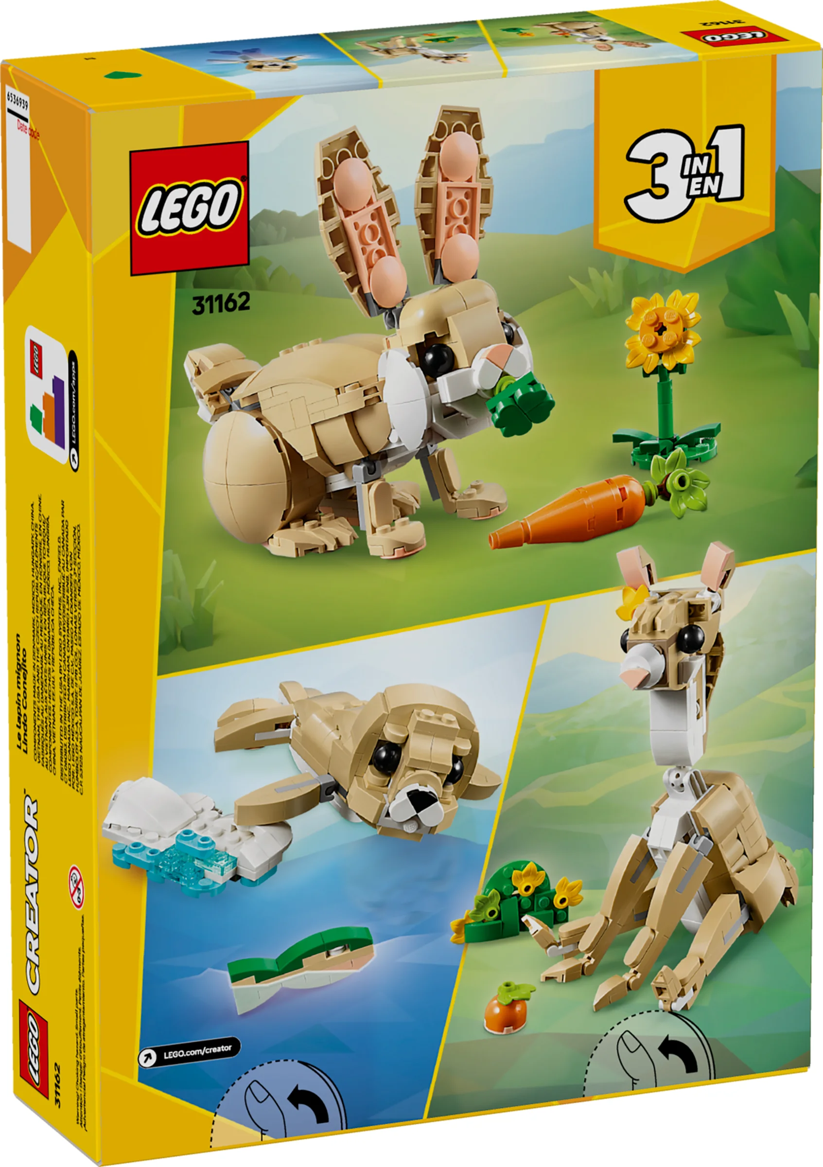 Cutia LEGO 31162 prezintă un iepuraș adorabil și alte modele alternative, pe un fundal verde.