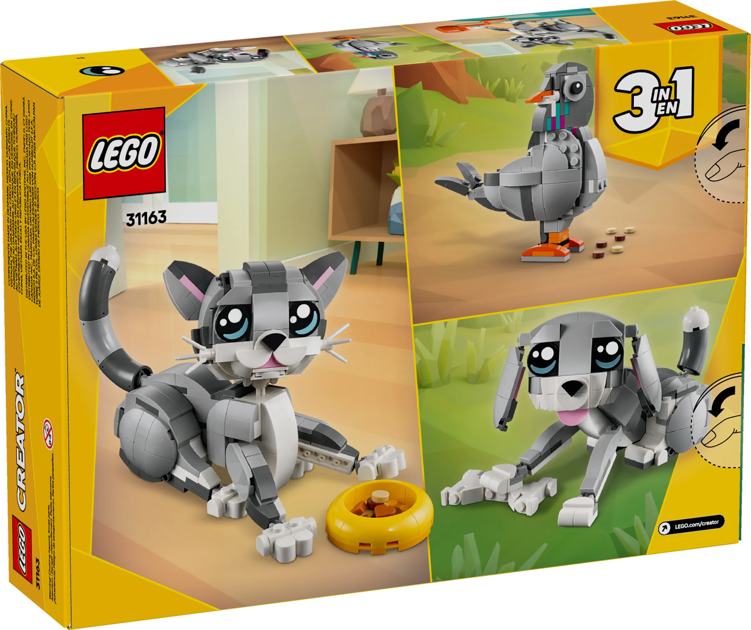 Cutia LEGO Creator 31163 prezintă pisica, porumbelul și câinele construibile.