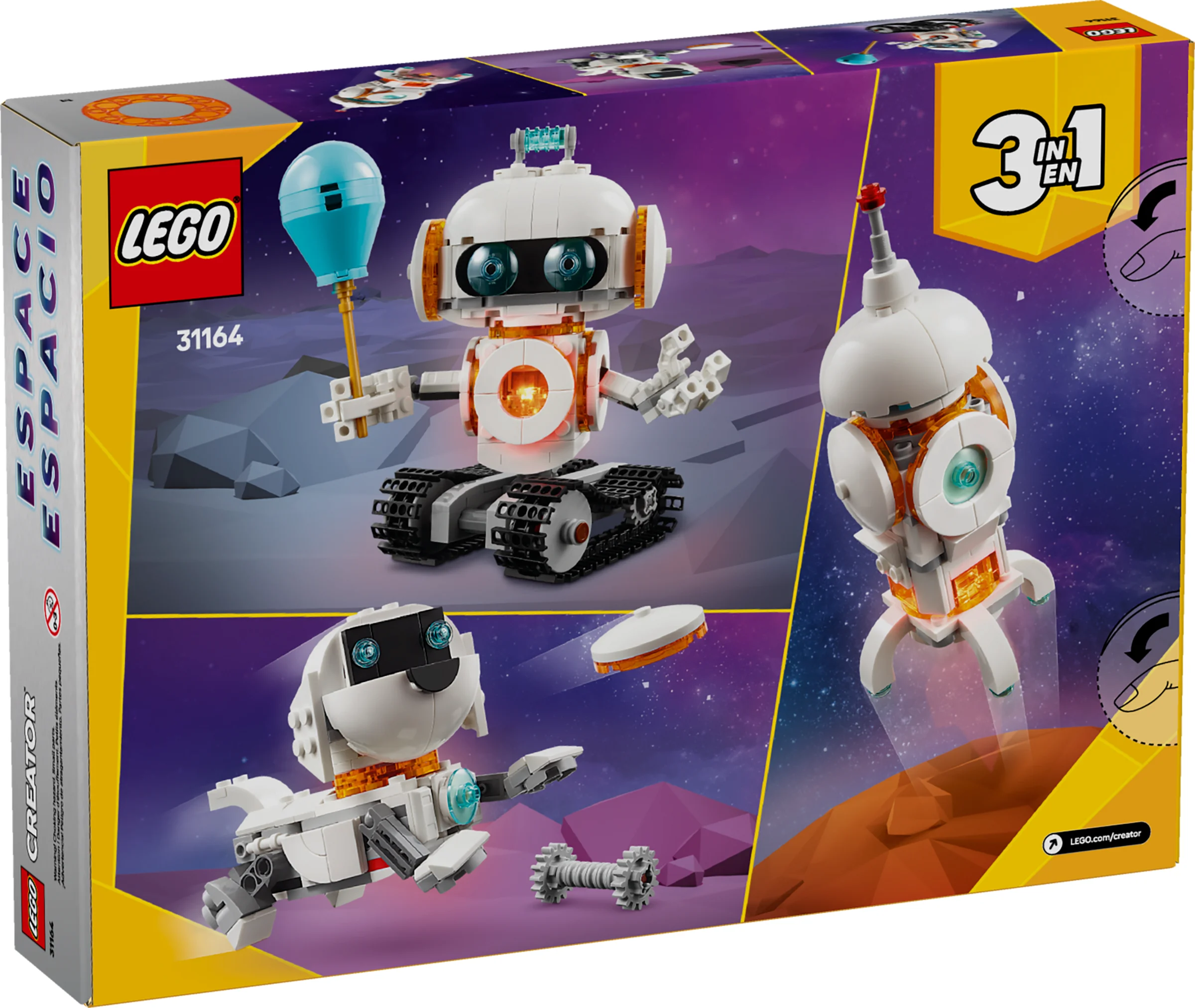 Imaginea arată cutia setului LEGO 31164 cu cele trei modele alternative: un robot, o rachetă și un câine spațial.