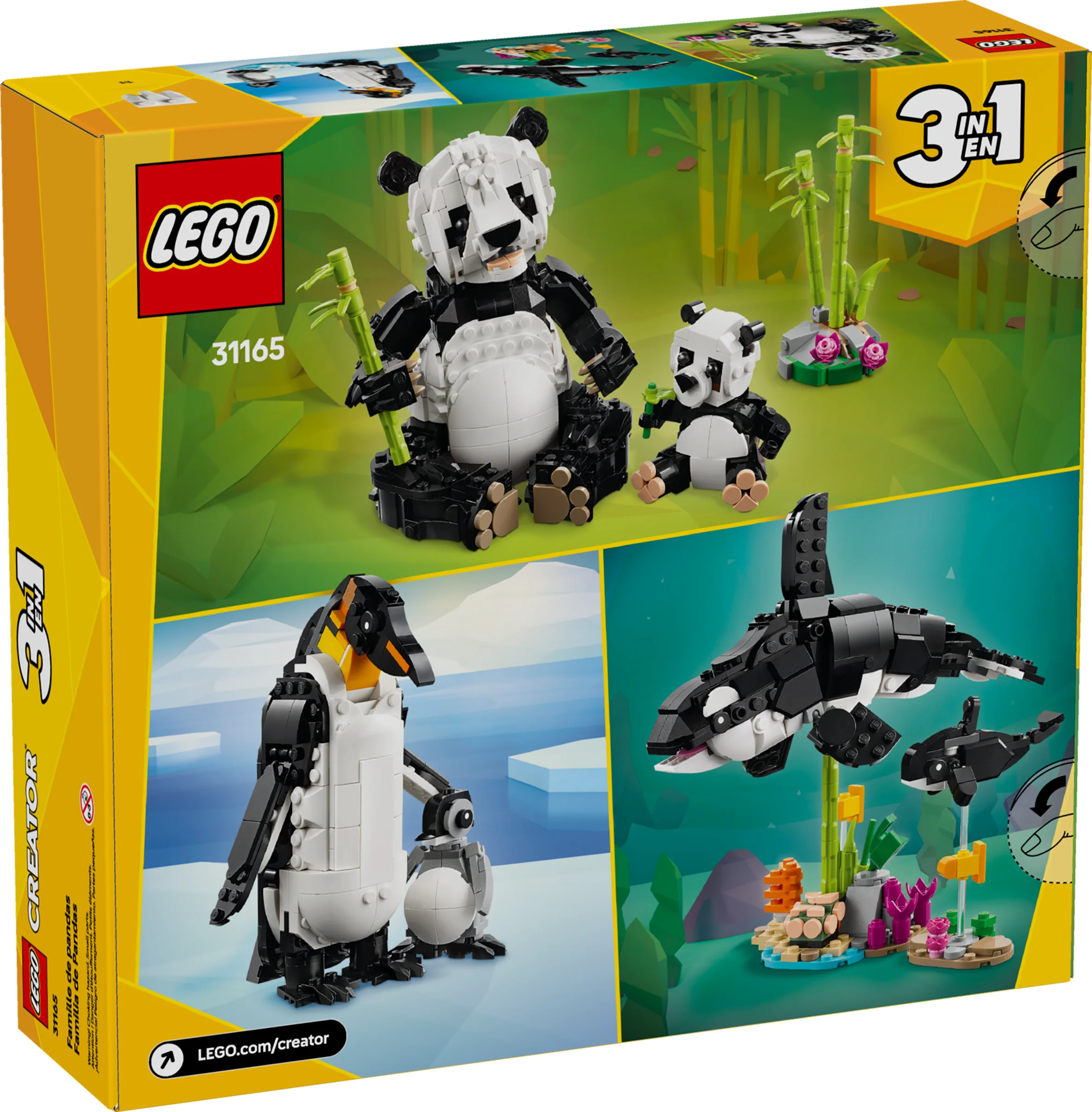 Cutia LEGO 31165 prezintă cele trei modele: panda, pinguin și orcă. Un set Creator 3 în 1 distractiv.