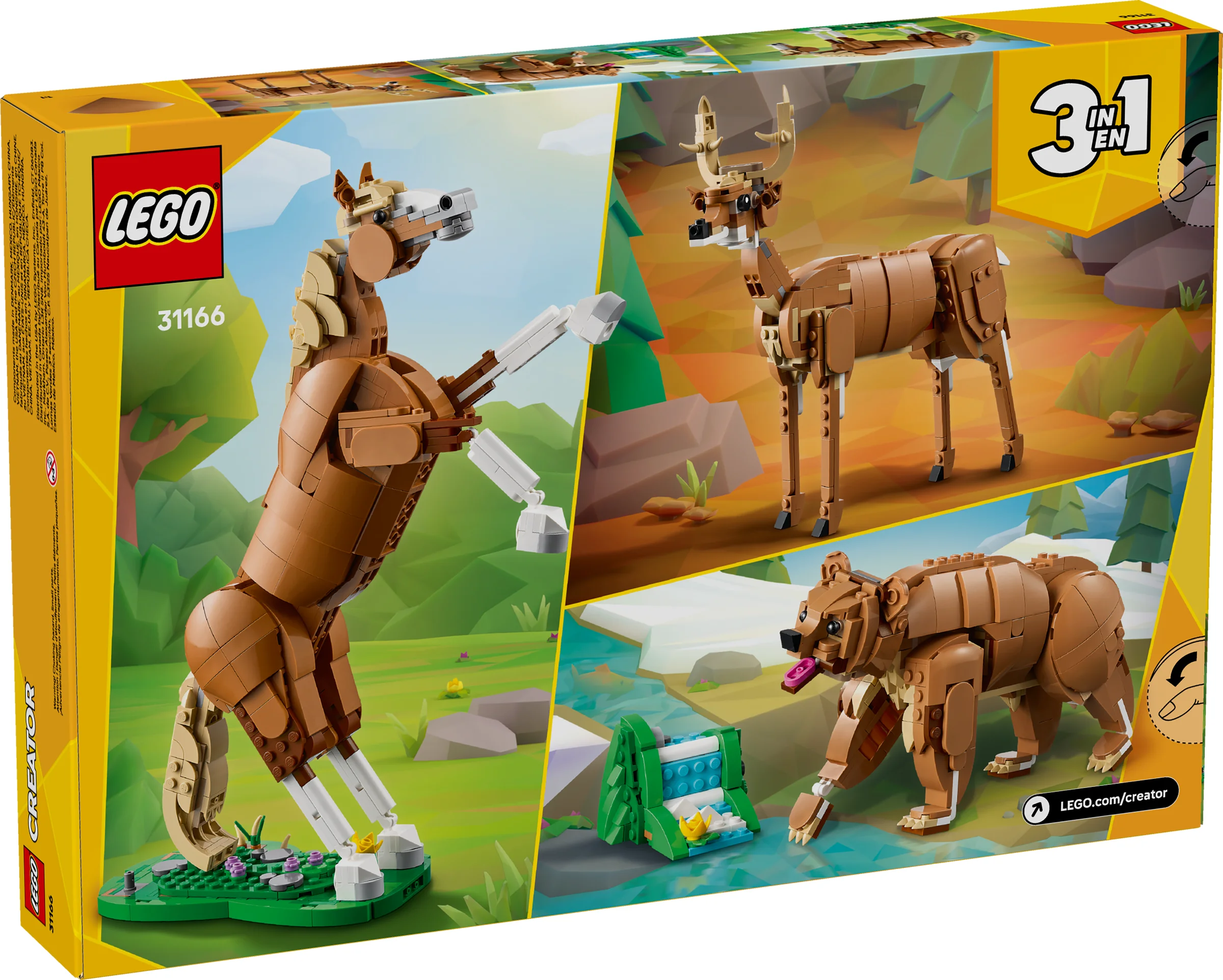 Cutia LEGO Creator 31166, cu imagini ale calului, cerbului și ursului construite din piese.